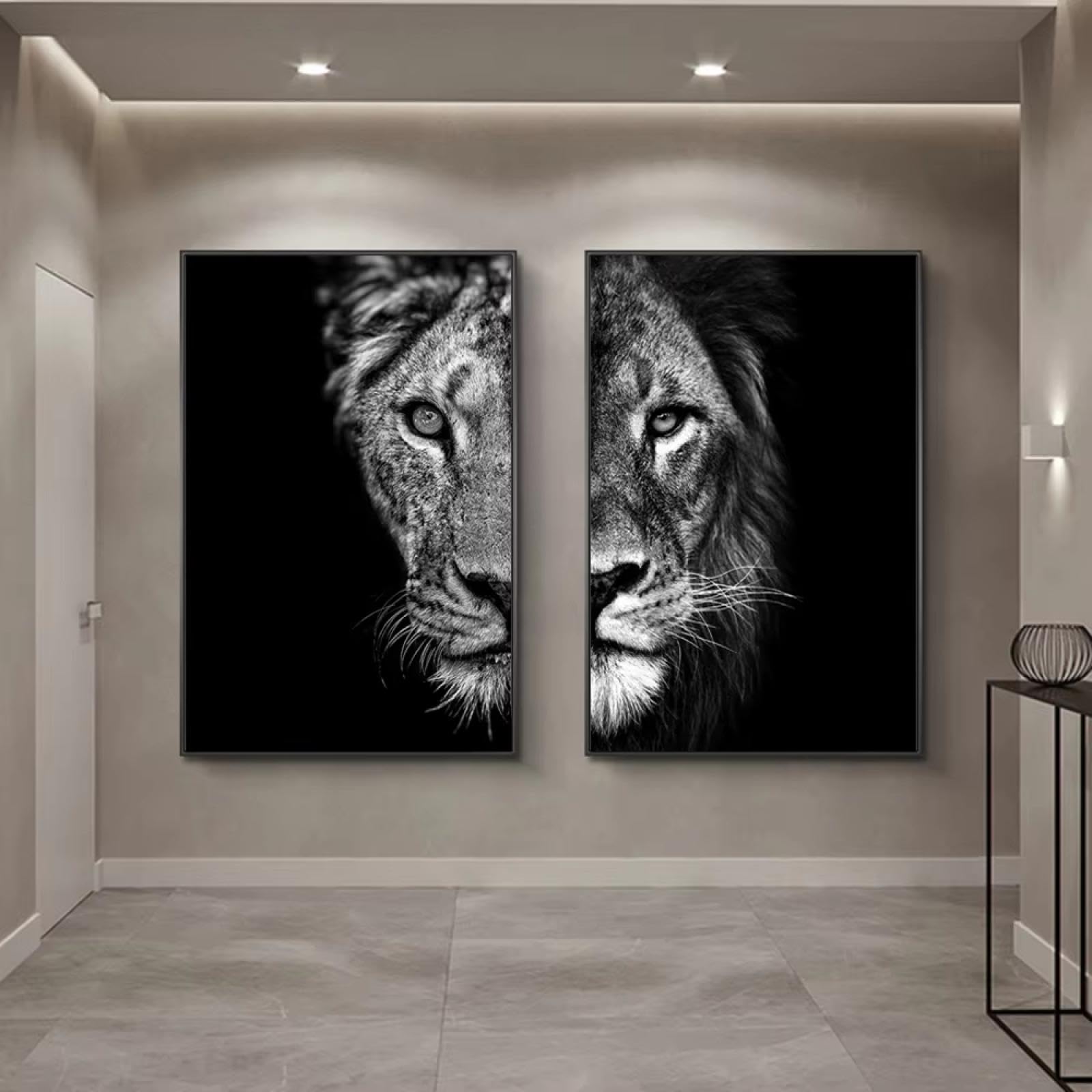 IHHGNB Lienzos de león africano en blanco y negro, carteles e impresiones artísticos para pared, imágenes modulares de animales para sala de estar, 50 x 70 cm (20 x 28 pulgadas) x 2 sin marco