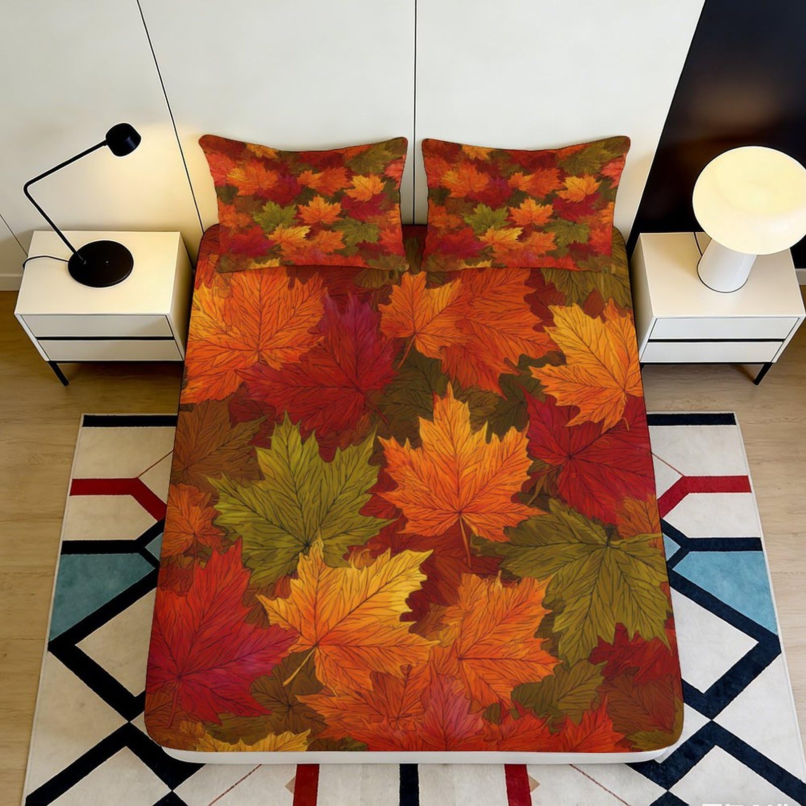 3D Printed Autumn Maple Leaves Fitted Sheet Microfiber Soft Mattress Cover for Bedroom Guest Room Decor Dustproof 180x200x25cm