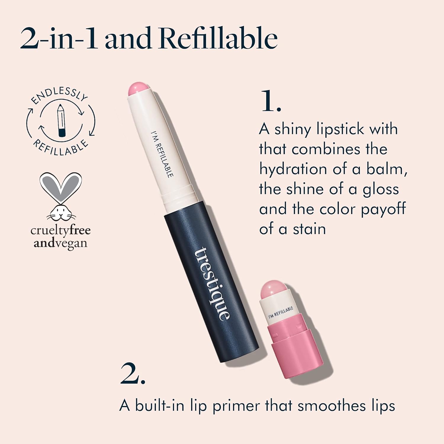 TRE'STIQUE Prime And Shine Lip Crayon, Refillable Shiny Lipstick With Built-in Lip Primer, Clean Beauty Makeup, Lipstick For Women, 2-in-1 Glossy and Primer - Image 2
