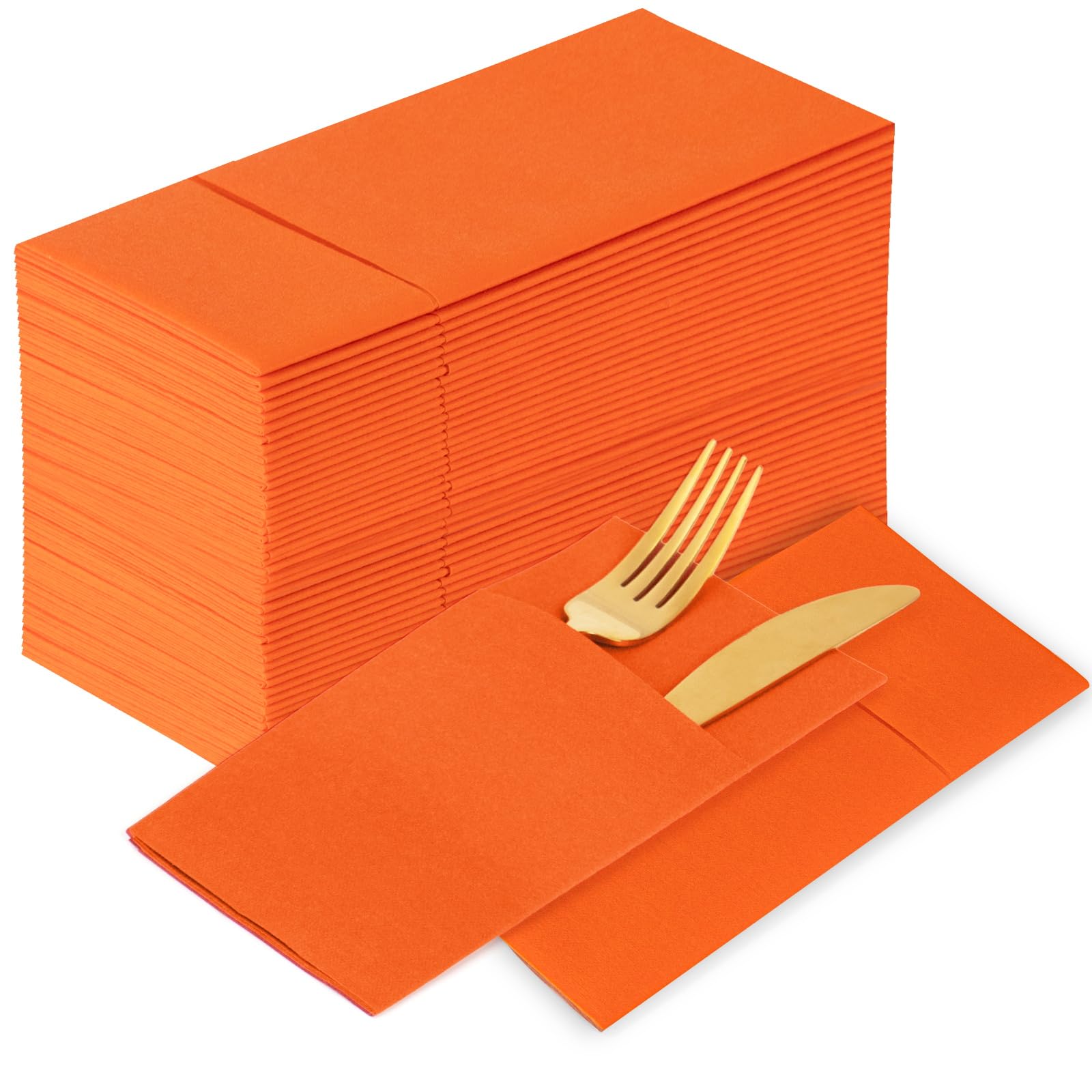 KAMMAK Tovaglioli Disposbale, Confezione da 100 tovaglioli di carta arancione con tasca piegati, tovaglioli di nozze, asciugamani per feste, ricevimenti, bagno, cucina, ristoranti (41,9 x 41,9 cm)