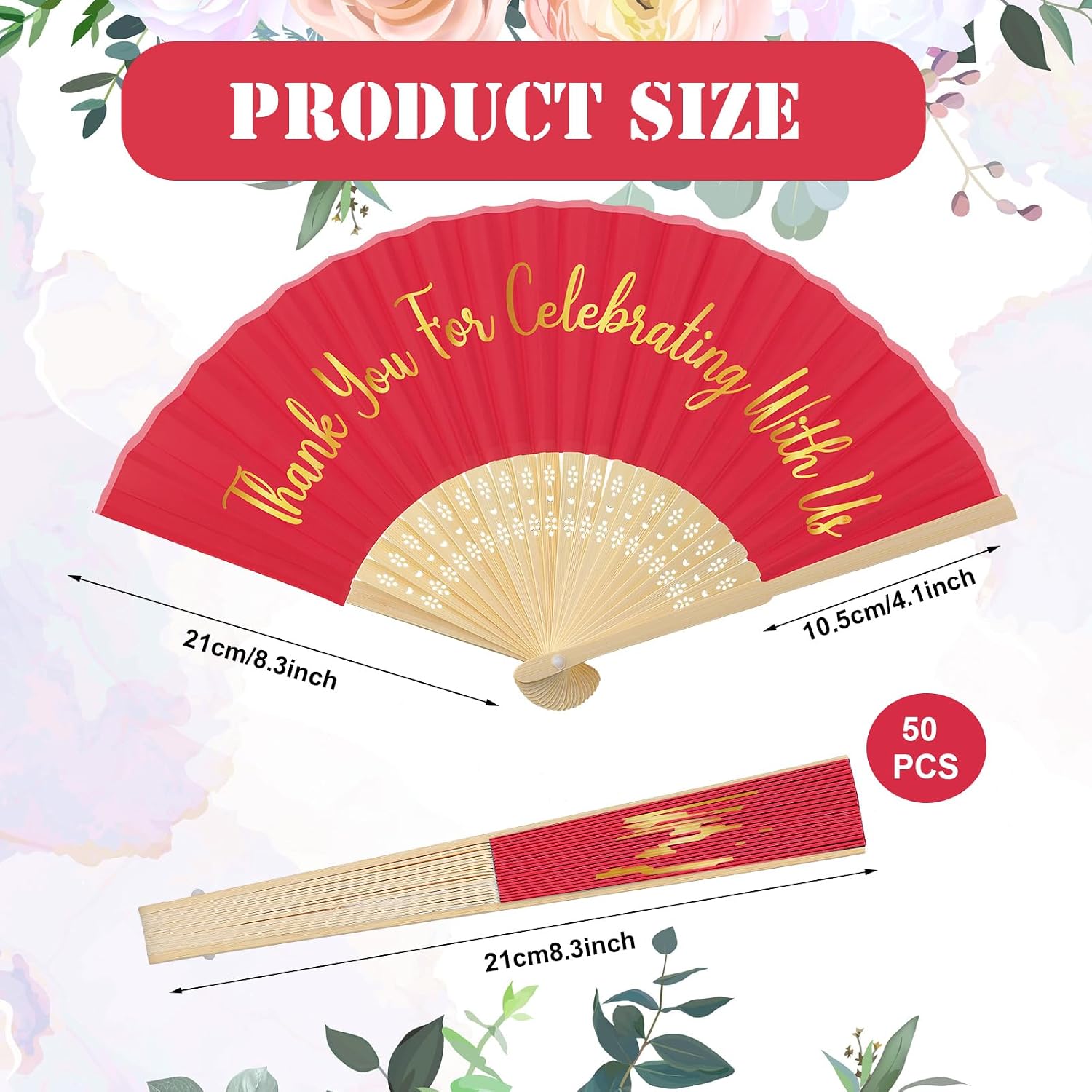 Jetec 50 Pcs Red Silk Hand Fans Bulk Wedding Fans for Guests Handheld Folded Thanks for Celebrating with Us Wedding Favors for Bridal Bridesmaid Baby Shower Dancing Party Church Gift