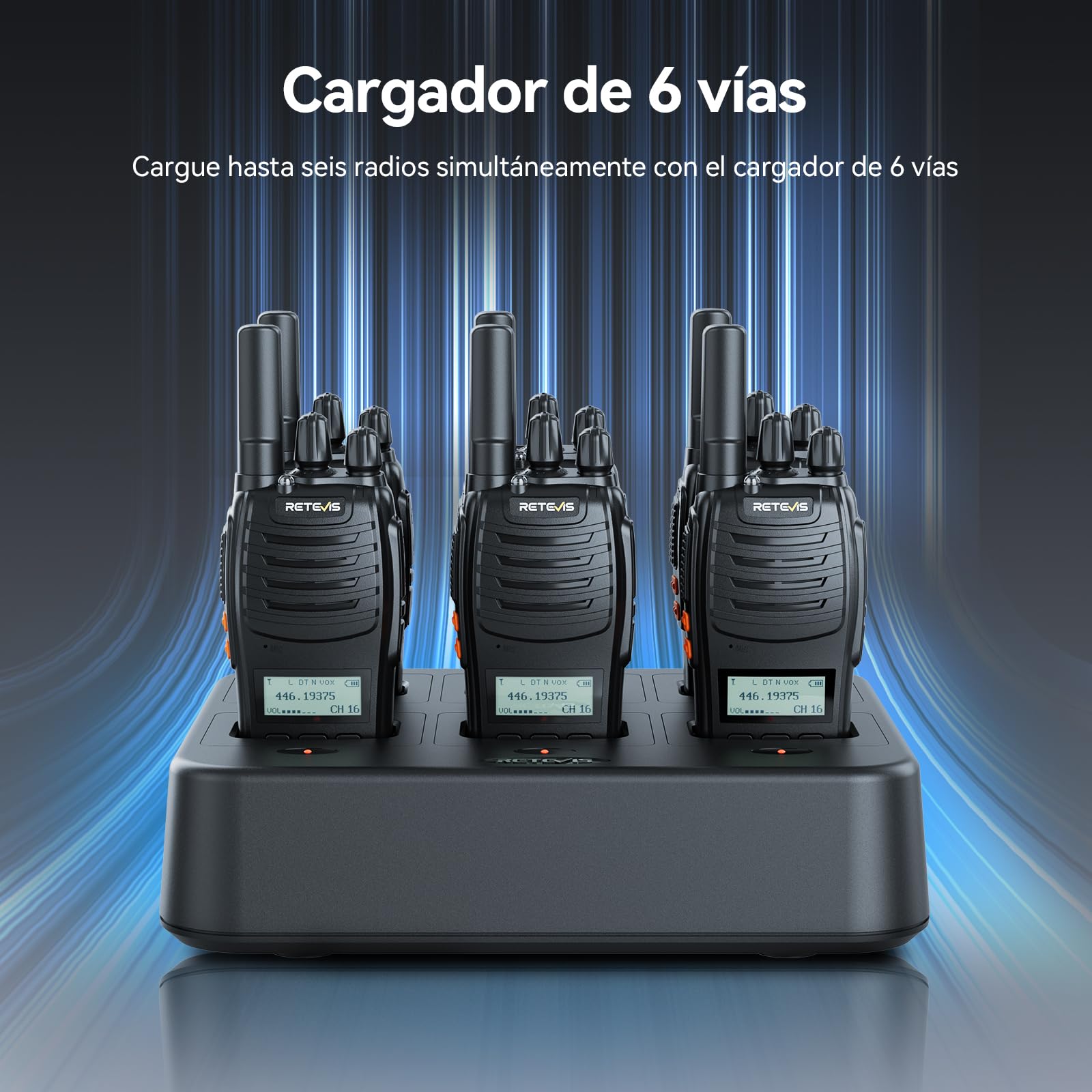 Retevis H777D Walkie Talkie con Auricular, PMR446 Walkie-Talkie Profesional con Cargador de 6 Vías, Pantalla LCD, Botón, Radio Bidireccional Portátil para Tiendas, Seguridad (Negro, 6 Pcs)
