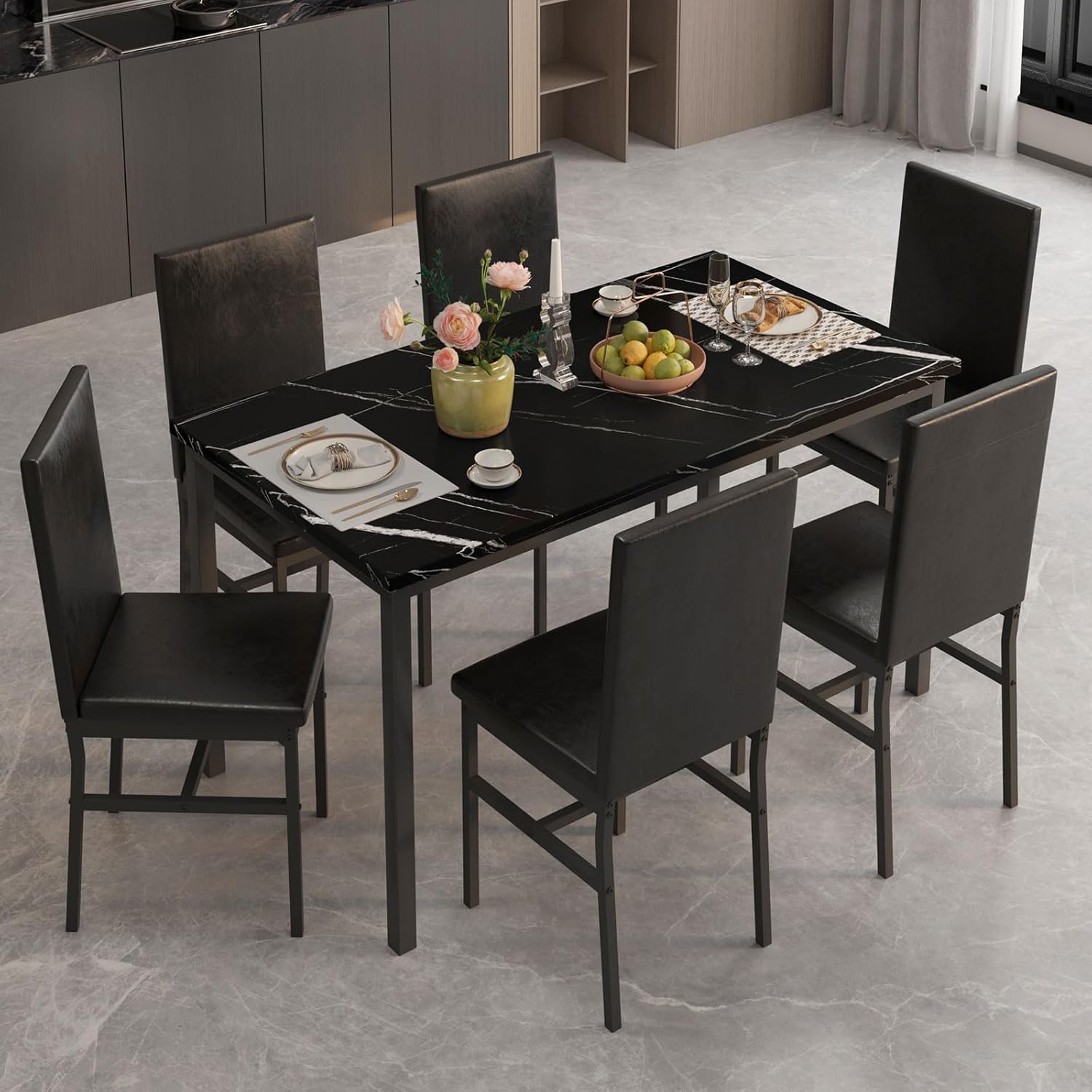 YOFE Dining Table Set for 6,Faux Marble Kitchen Table,PU