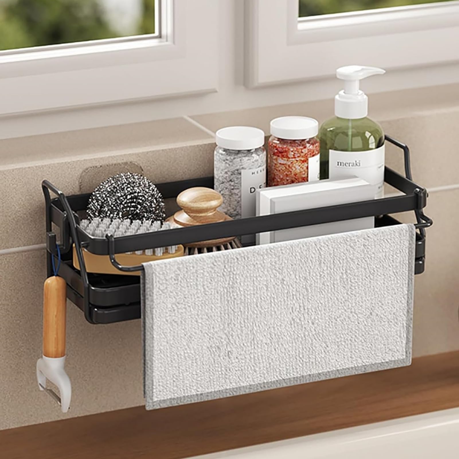 Sink Caddy Sponge Holder, Sponge Holder for Kitchen Sink, Wall Mount Sink Caddy, Rustproof Sink Sponge Caddy Holder, Kitchen Organiser Accessories (Black)