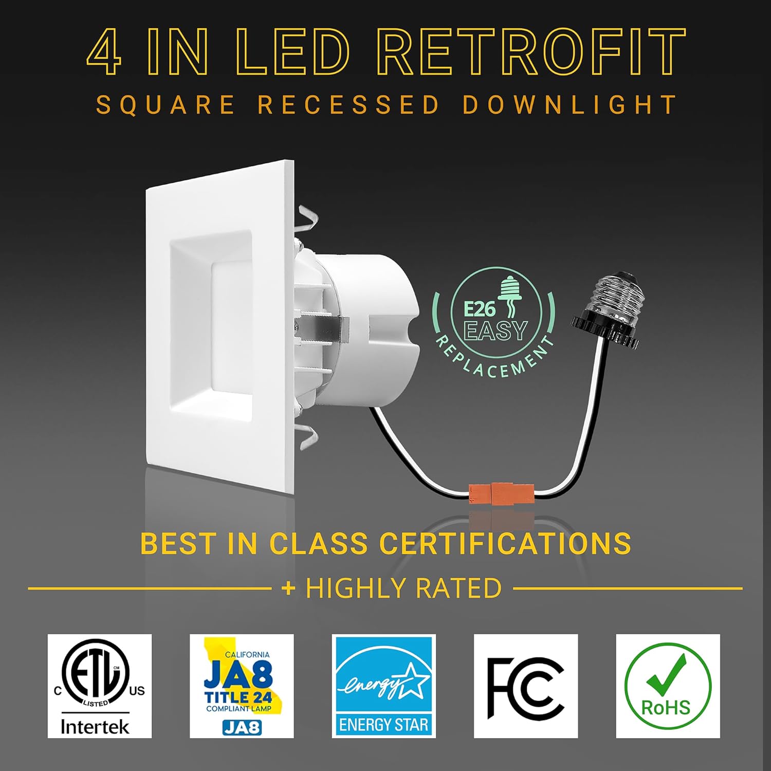 NUWATT 4 Pack, 4 Inch Retrofit LED Square Recessed Lighting, 5CCT 2700K/3000K/3500K/4000K/5000K Selectable, 750 Lumens 11W, Dimmable Ceiling Light, White Square Trim Can Light, Wet Rated, ETL Listed - Image 3