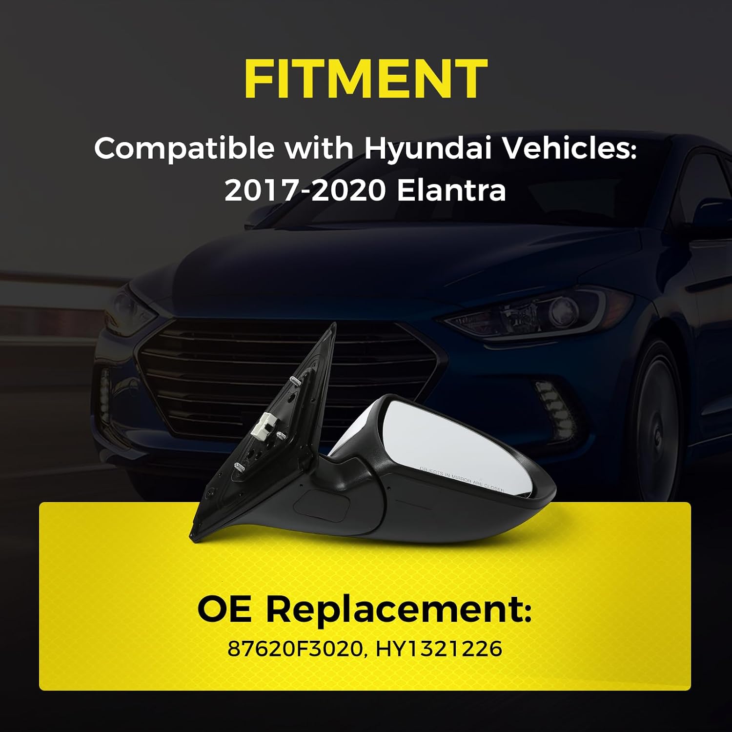 Passenger Side Mirror (Right/RH) Compatible with Hyundai Elantra 2017-2020, Power-Adjust, Power-Folding, w/Turn Signal, 7-Pin Connector, White, Replaces 87620F3020, HY1321226