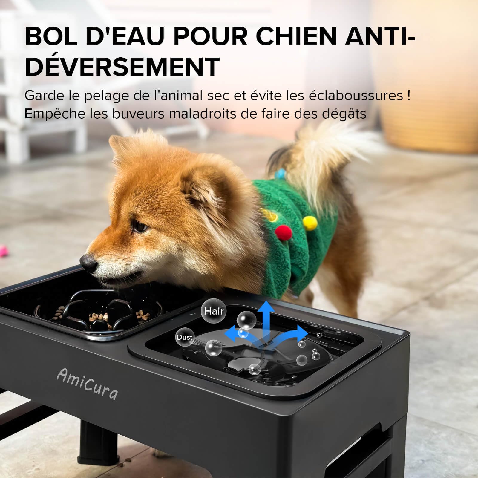 Amicura Gamelle Chien Surelevee, 2-en-1 Gamelle Surélevée avec Gamelle d'eau Anti-éclaboussure et Acier Inoxydable, 4 Hauteurs RéGlables pour Petits Chien Chat de Compagnie, Moyens et Grands