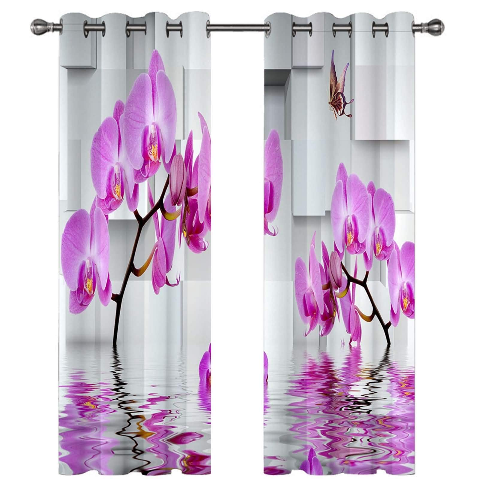Zasłony zaciemniające, nieprzejrzyste, zestaw 2 sztuk, orchidea, zasłony z oczkami, poliester 214 x 214 cm