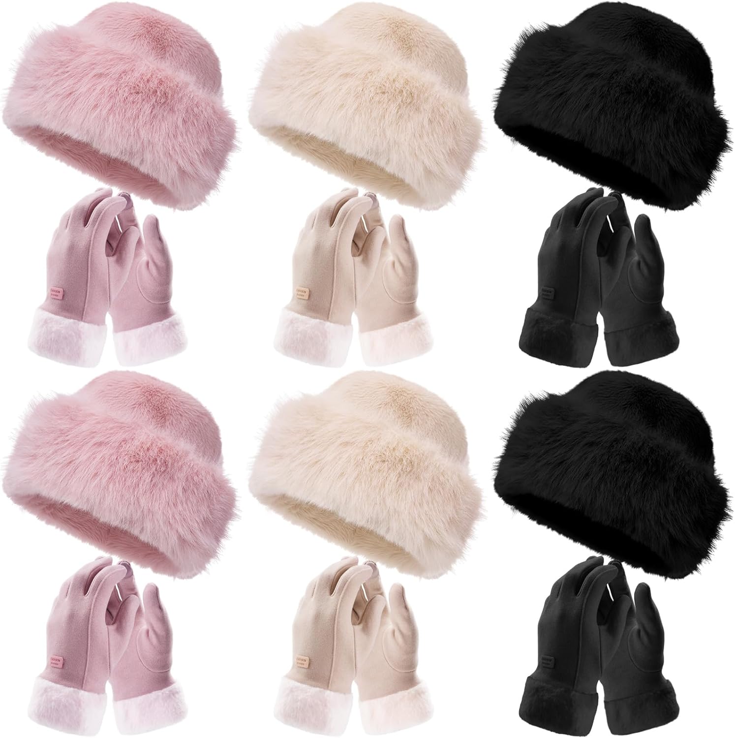 12 Pcs Women Faux Fur Bucket Hat Gloves Winter Set Warm Faux Mink Plush Hat Winter Suede Gloves with Touchscreen Fleece Lined Windproof for Cold Weather