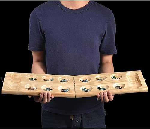 Miniatura 2 de AMEROUS Juego de mesa de madera de Mancala, tamaño más grande, 72+8 piedras de cristal multicolor, tablero plegable, paquete de regalo,
