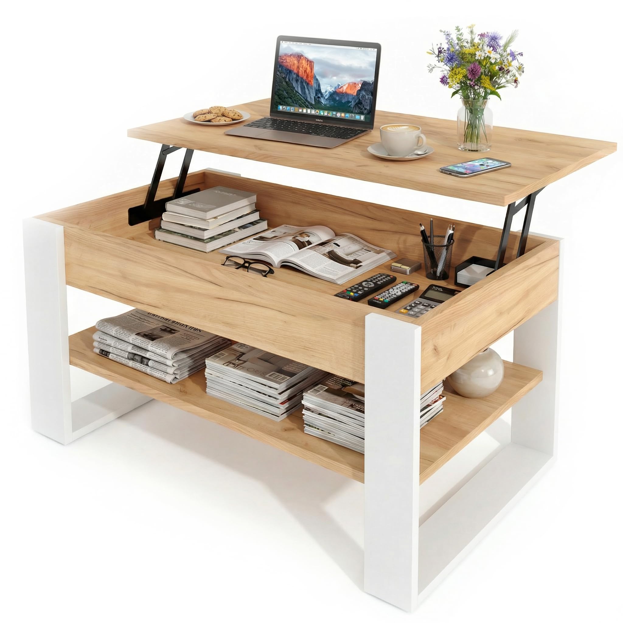 möbelkap Couchtisch mit anhebbarer Platte | Höhenverstellbarer Wohnzimmertisch mit Stauraum | Craft Gold Weiß modern mit Ablage & verstecktem Fach – Coffee Table für Wohnzimmer & Büro