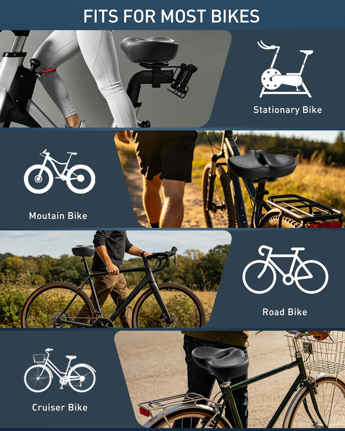 Noseless Oversized Fahrradsitz für Männer & Frauen, 2026 Upgrade Bequem Extra Breit Gepolstertes Fahrradsitzkissen, Komfort Fahrradsattel für Peloton, Heimtrainer, Beach Cruiser, MTB, EBike