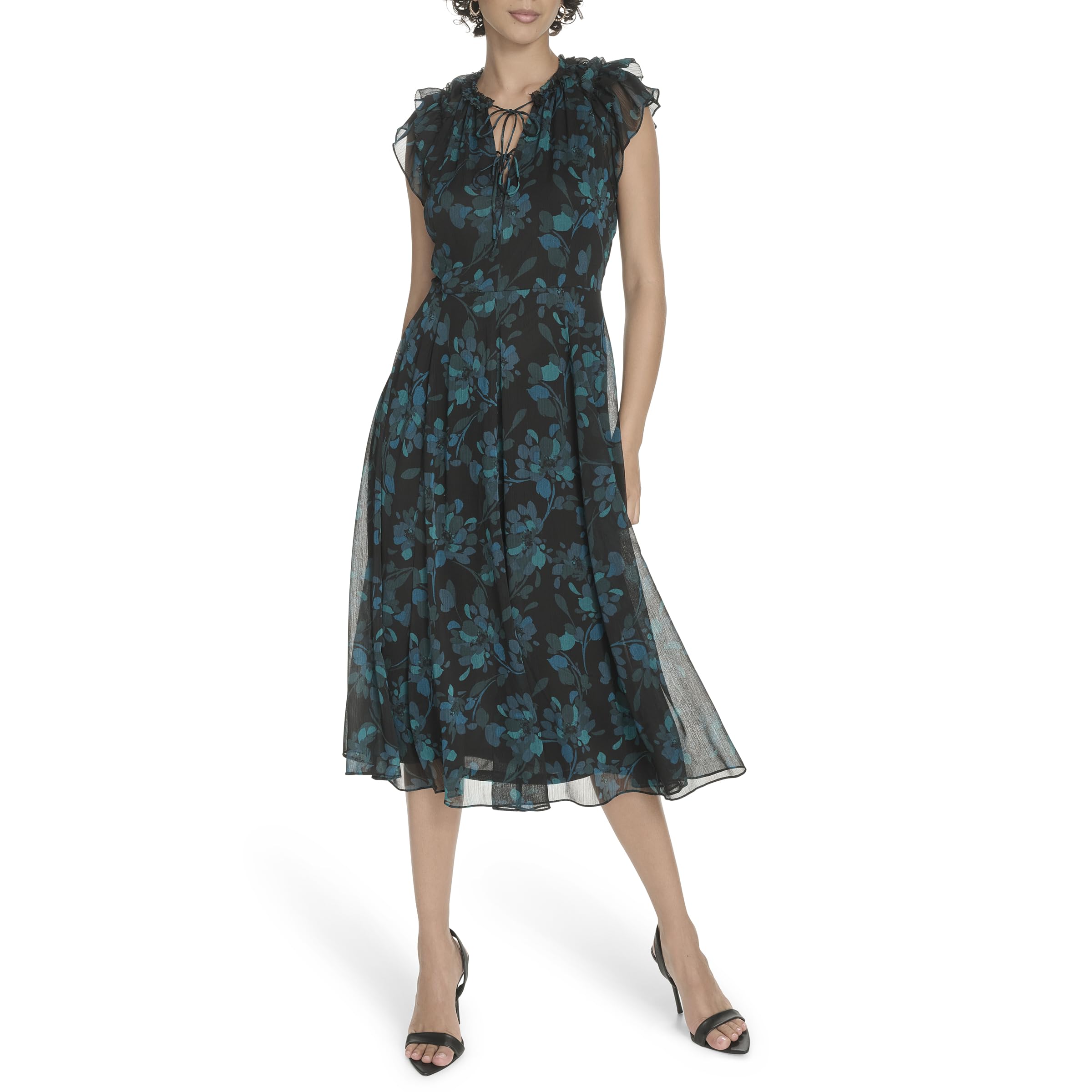Tommy Hilfiger Womens Flutter Sleeve Tie Neck Midi Dress
