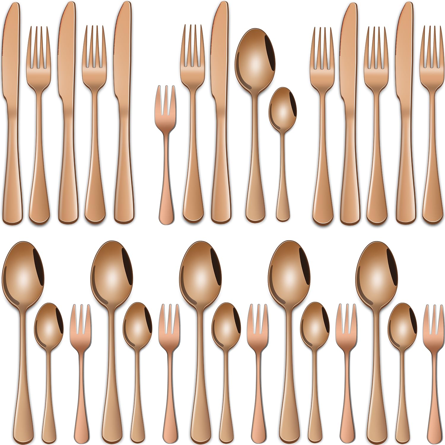Rose Gold Cutlery Set for 6 People, 30-Piece Stainless Steel Cutlery Set with Knives, Forks, Tablespoons, Teaspoons and Coffee Spoons, Mirror Polished, Rustproof, Dishwasher Safe