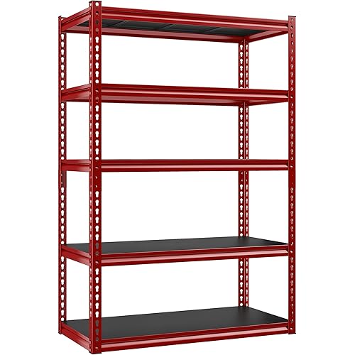 REIBII 72" Storage Shelves for Garage Storage Adjustable 5 Tier Heavy Duty Metal Shelving Utility Rack Shelf Unit for Warehouse Pantry Closet Kitchen, Red & Black