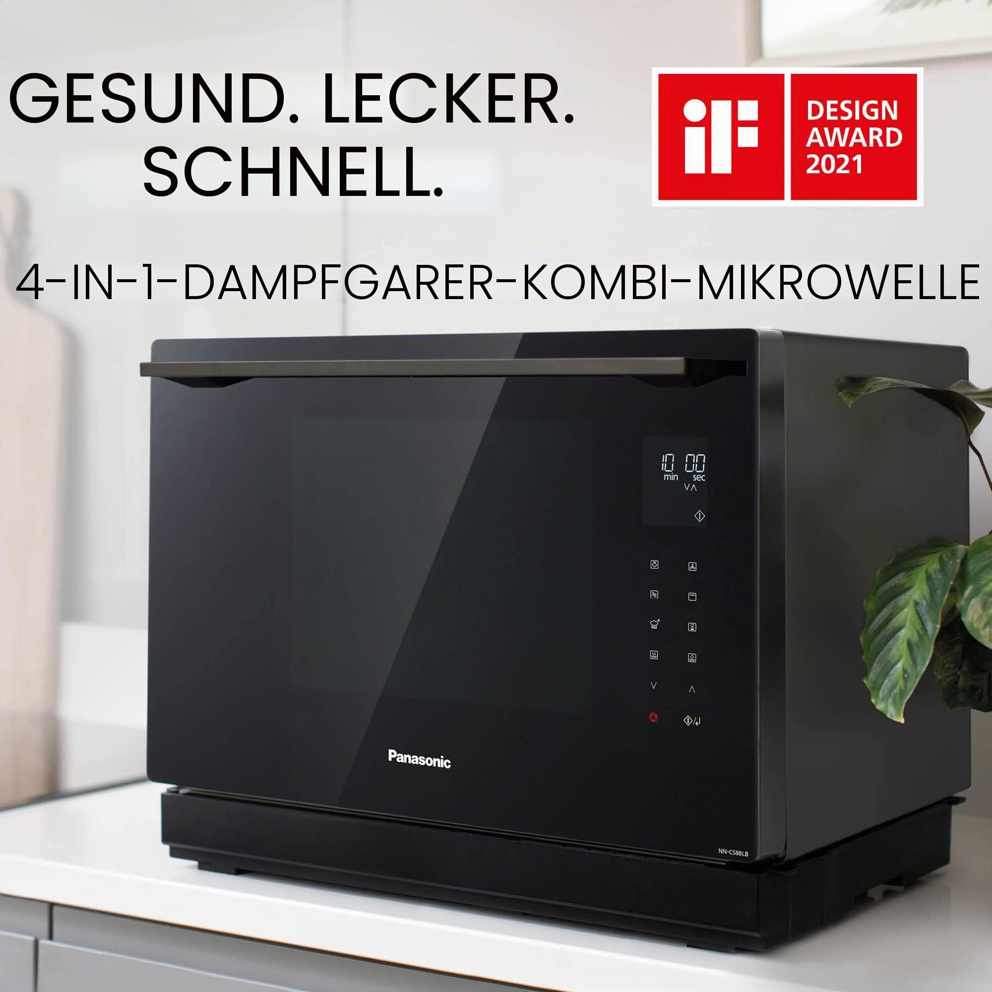Panasonic NN-CS88LBEPG | 4-in-1-Kombi-Dampfofen, 31 l, Inverter, Drehheizung auf 30-230 °C, Flachgrill 1300 W, Mikrowelle 1000 W, Dampf 1300 W, feste Oberseite, Schwarz — Version FR