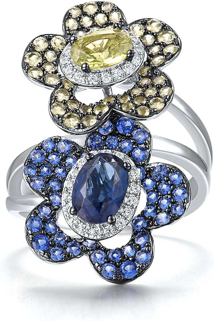 Santuzza 925 Sterling Silver Gemstone Flower Statement Ring for Women