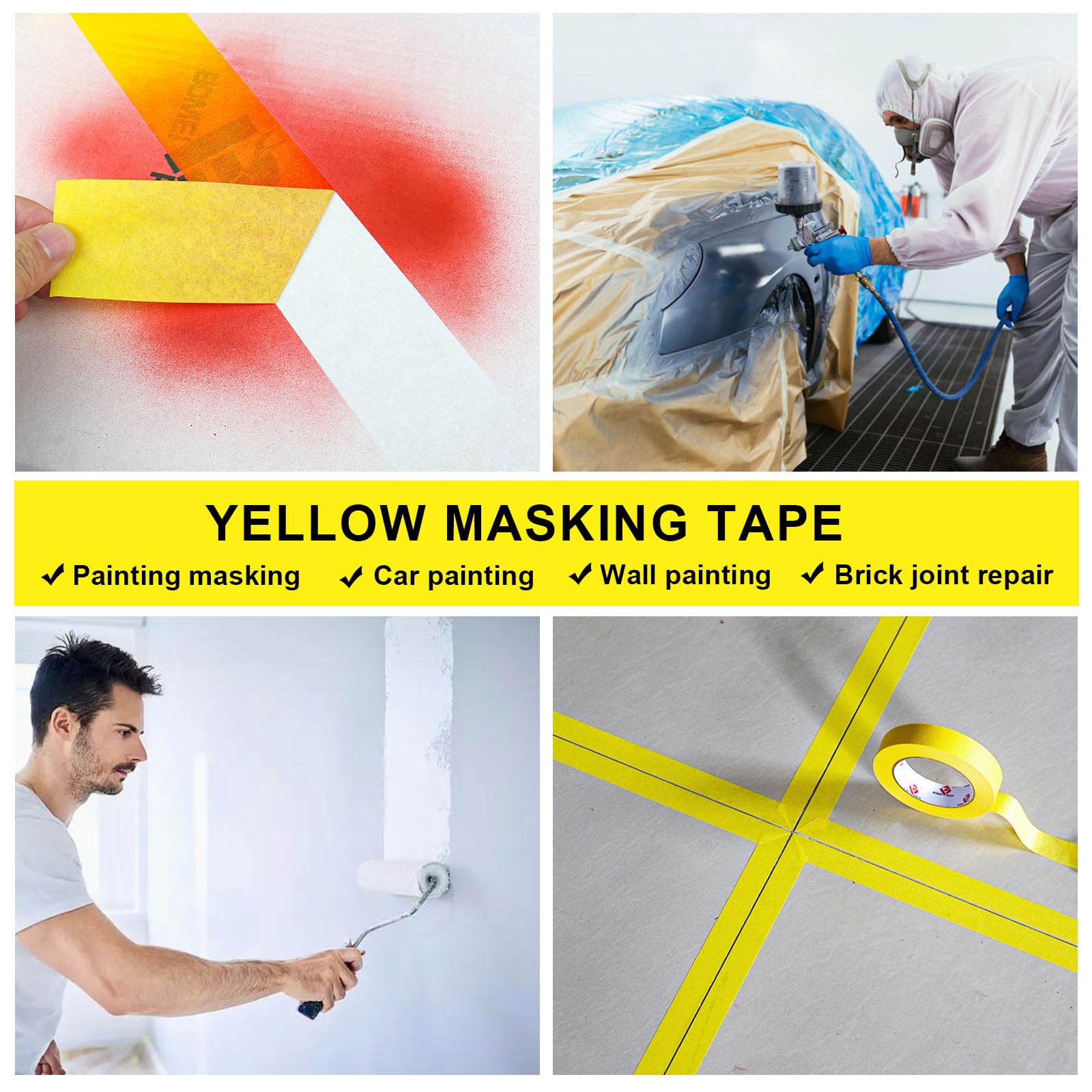 BOMEI PACK 10 rotoli di nastro adesivo per pittori da 5,1 cm, 5 cm x 50 m, per pittura murale per uso generico, miglioramento della casa (giallo)