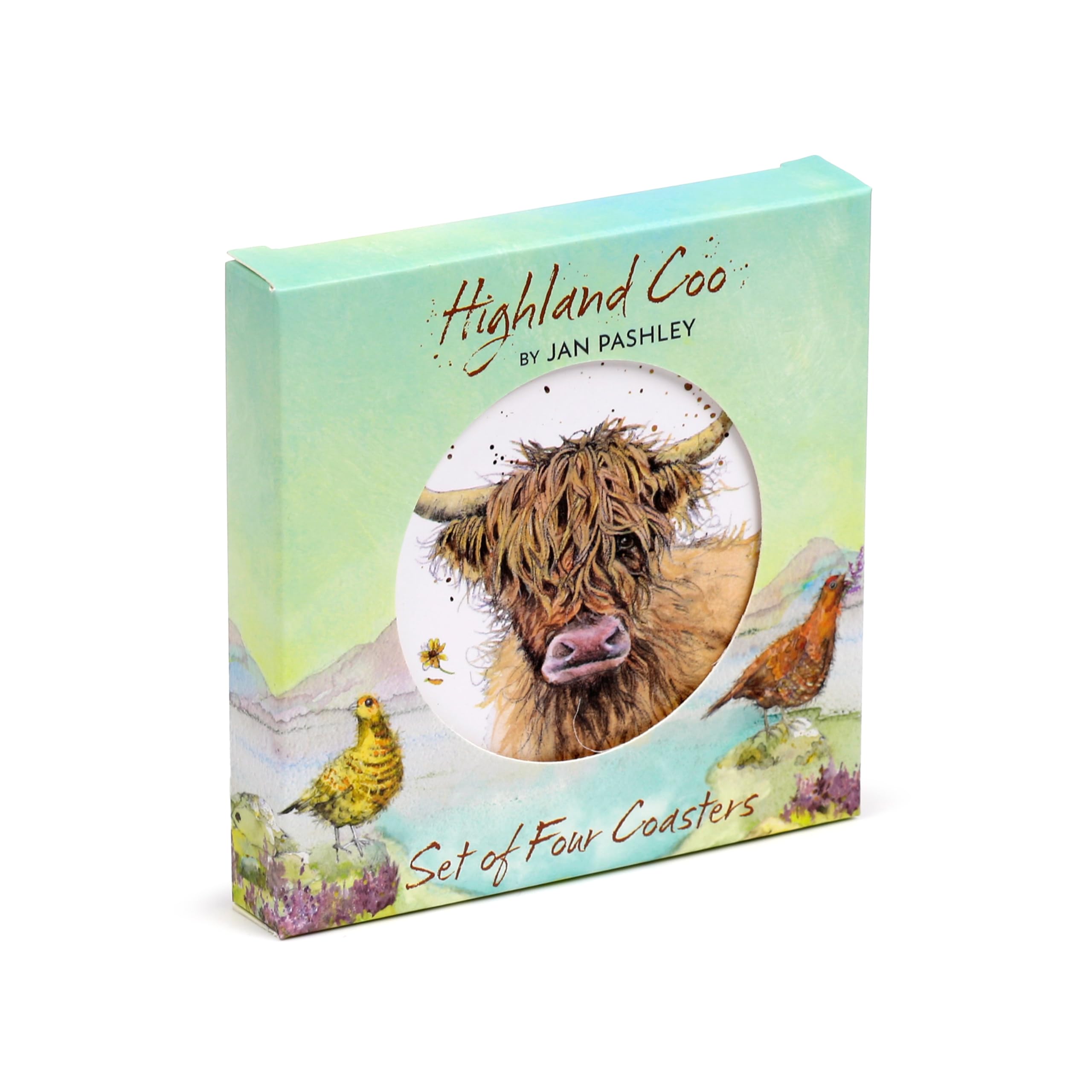 Puckator Jan Pashley Highland Coo Set of 4 Cork Coasters - Wood Table Pub Drink Coasters Tiles Placemats - Bar Man Cave Accessories For Home - Desk Coaster Tile Slate - Dining Table Decor Drinks Mats