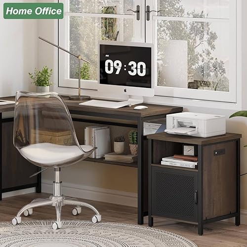 Miniatura 8 de FATORRI Mesa auxiliar con almacenamiento, mesa auxiliar rústica para sala de estar, mesitas de noche estrechas de madera y metal con puerta (marrón