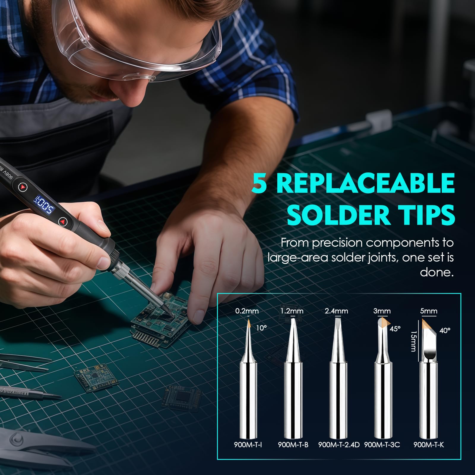 Kit Fer à Souder 80W, Température Réglable 180-500°C, Électronique de Précision avec Interrupteur Marche/Arrêt, 5 Pannes, Fil de Soudure, pour Réparation Électrique et Bricolage (Noir) - 3