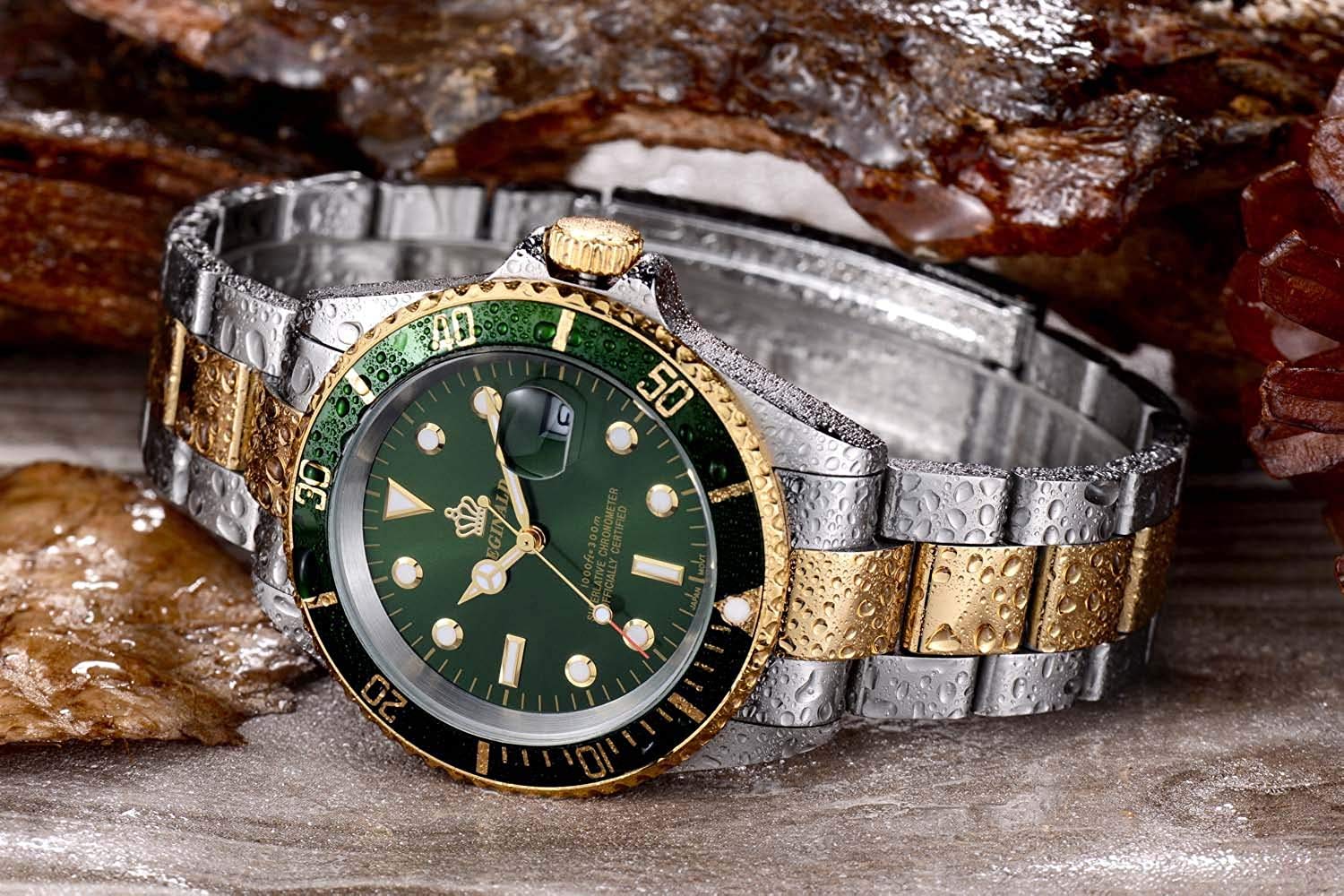 MASTOP Reloj de lujo para hombre, bisel giratorio, a prueba de golpes, zafiro, clásico, fecha, cuarzo, resistente al agua, reloj de vestir de dos tonos