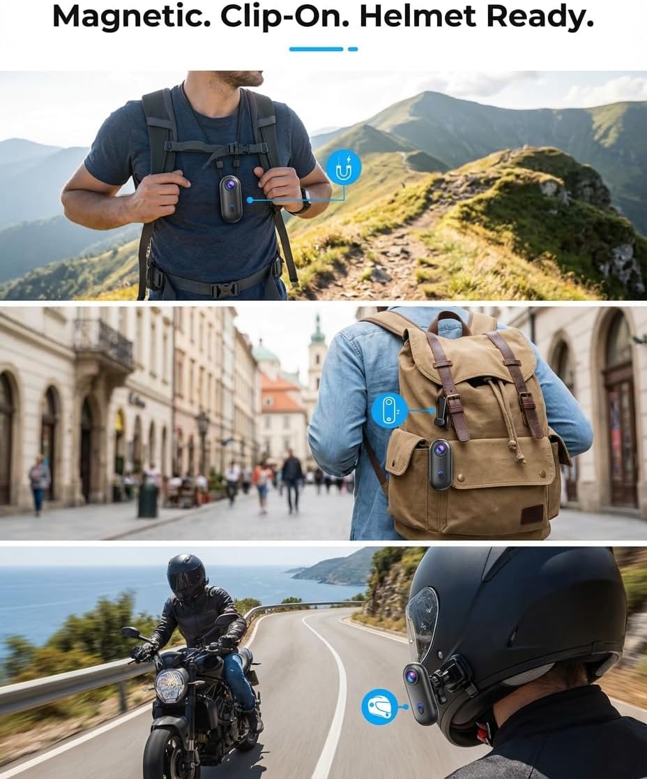 4K POV Thumb Action Camera Wearable Mini Body Camera Clip On Waterproof Hands-Free Body Cam Video Recorder for Ski Cycling Running Swimming Hiking Travel Vlogging