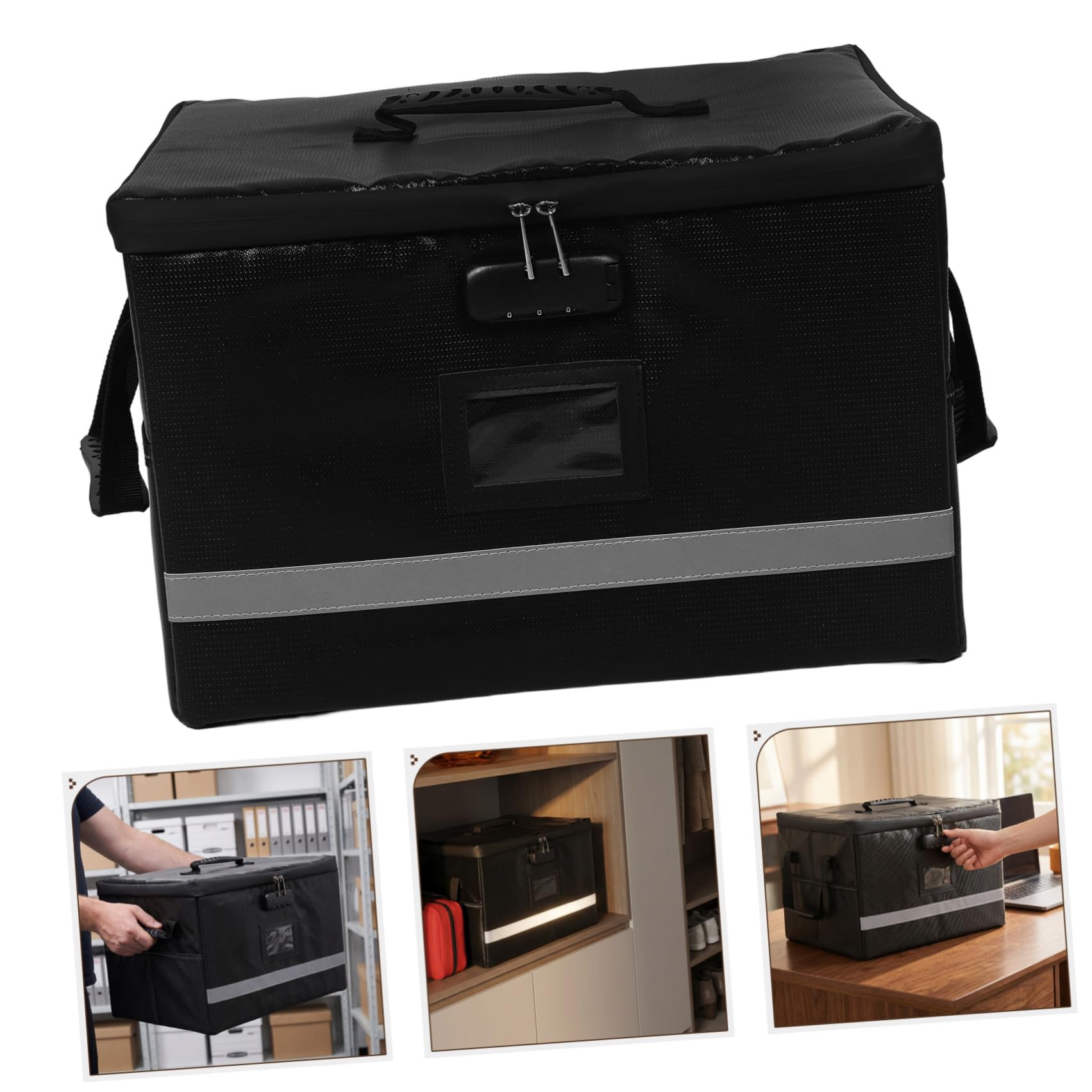 SHINEOFI Dokumentenbox mit Deckel Griff Schloss und Reißverschluss Schwarze Faltbare Feuerfeste aus Polyester und Kunststoff für Büro und Zuhause