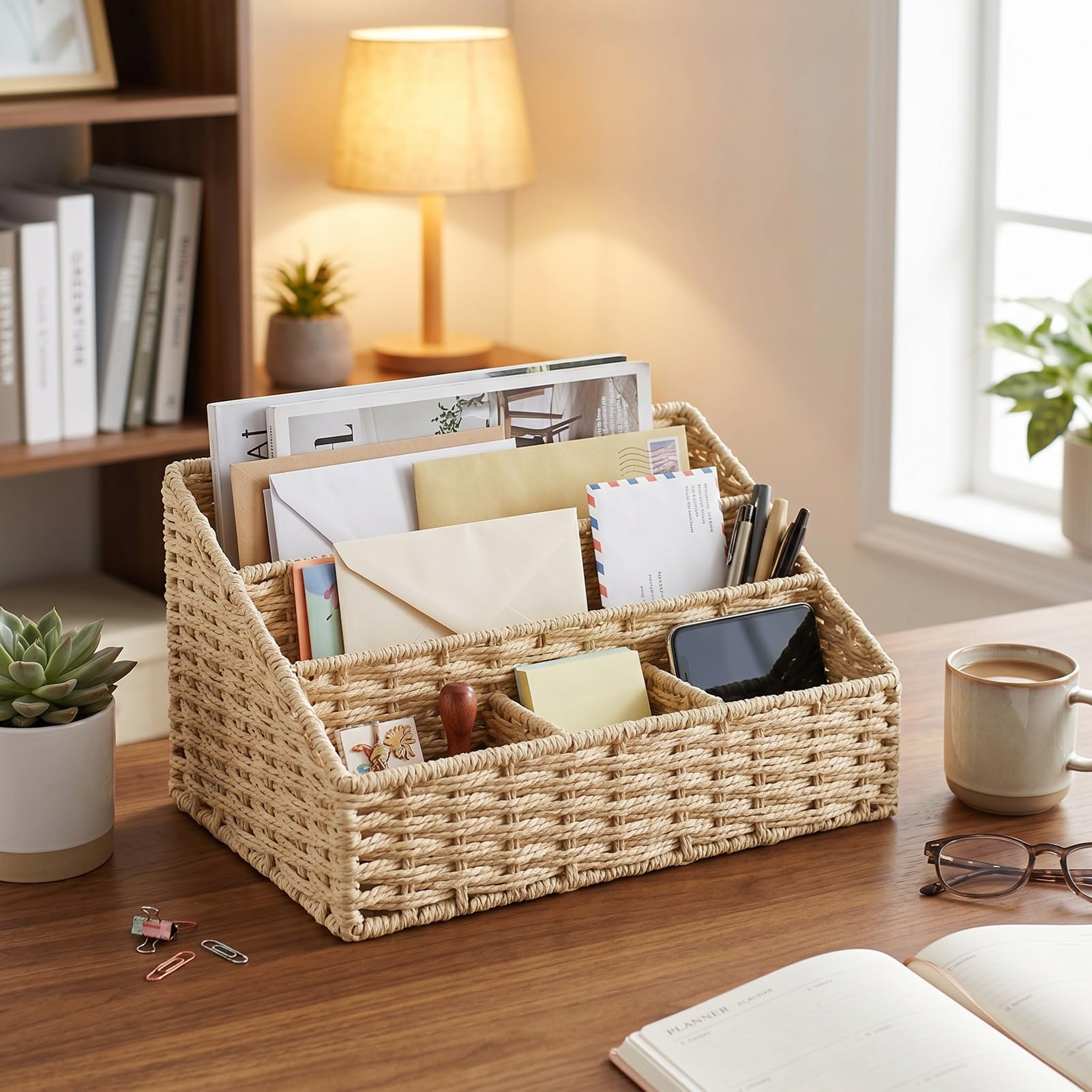 Luocute 2 Stück Gewebter Brief-Organizer, Schreibtisch-Aktenhalter, Papierfaser-Eisenrahmen (Beige)