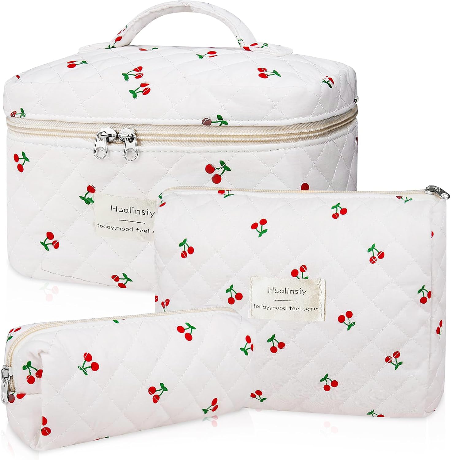 Makeup Bag Set , 3 PCS Cute Cherry Bag Set, Travel Toiletry Organizer Quilted Cherry Purse,Large Coquette Aesthetic Makeup Cosmetic Bag For Women (white-cherry)