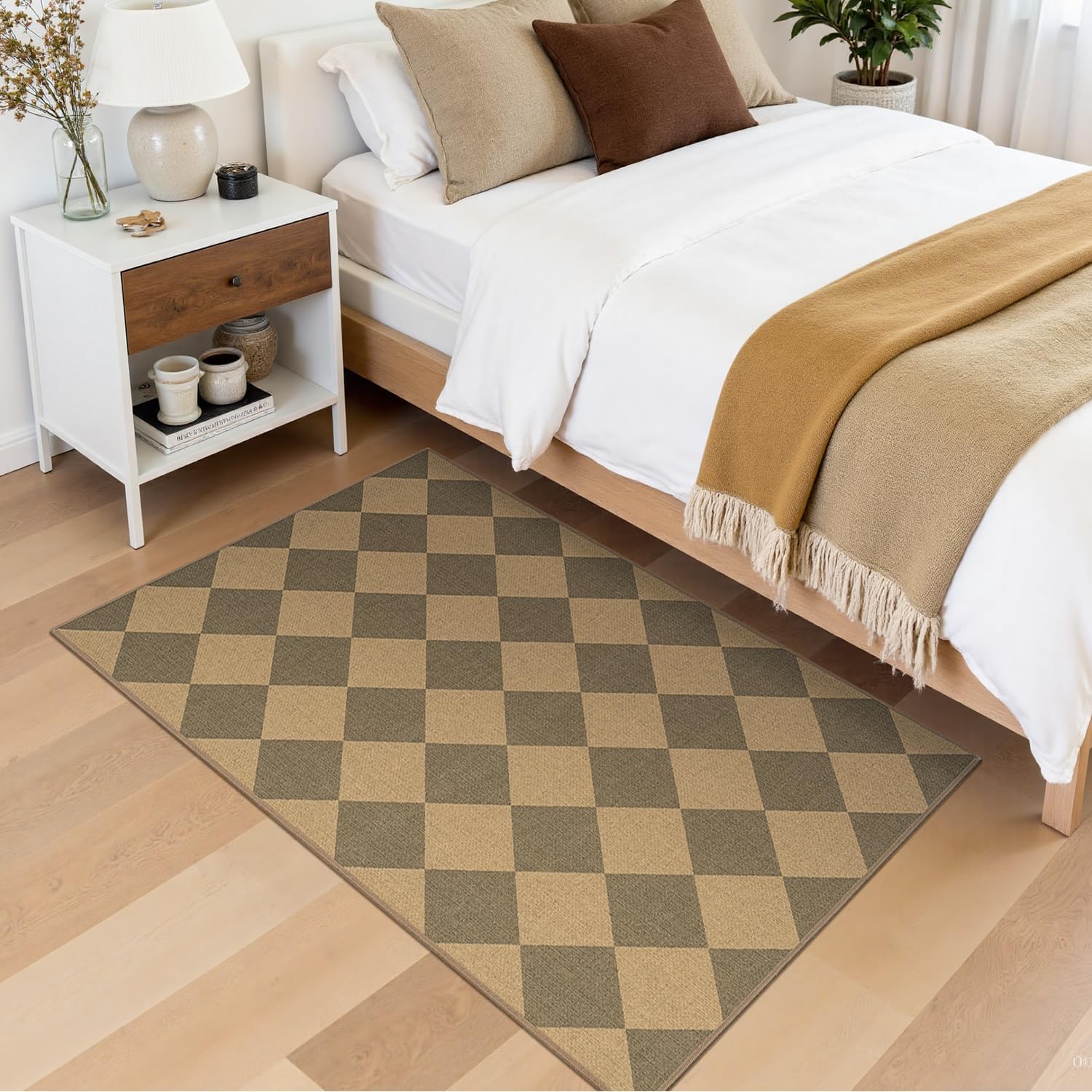 Lessymo Checkered Entryway Rug 3x5, Easy Jute Washable Area Rugs for Living Room Outdoor Patio, Non Slip Indoor Door Mat Farmhouse Neutral Carpet for Guestroom Foyer Backyard, Diamond Brown/Beige