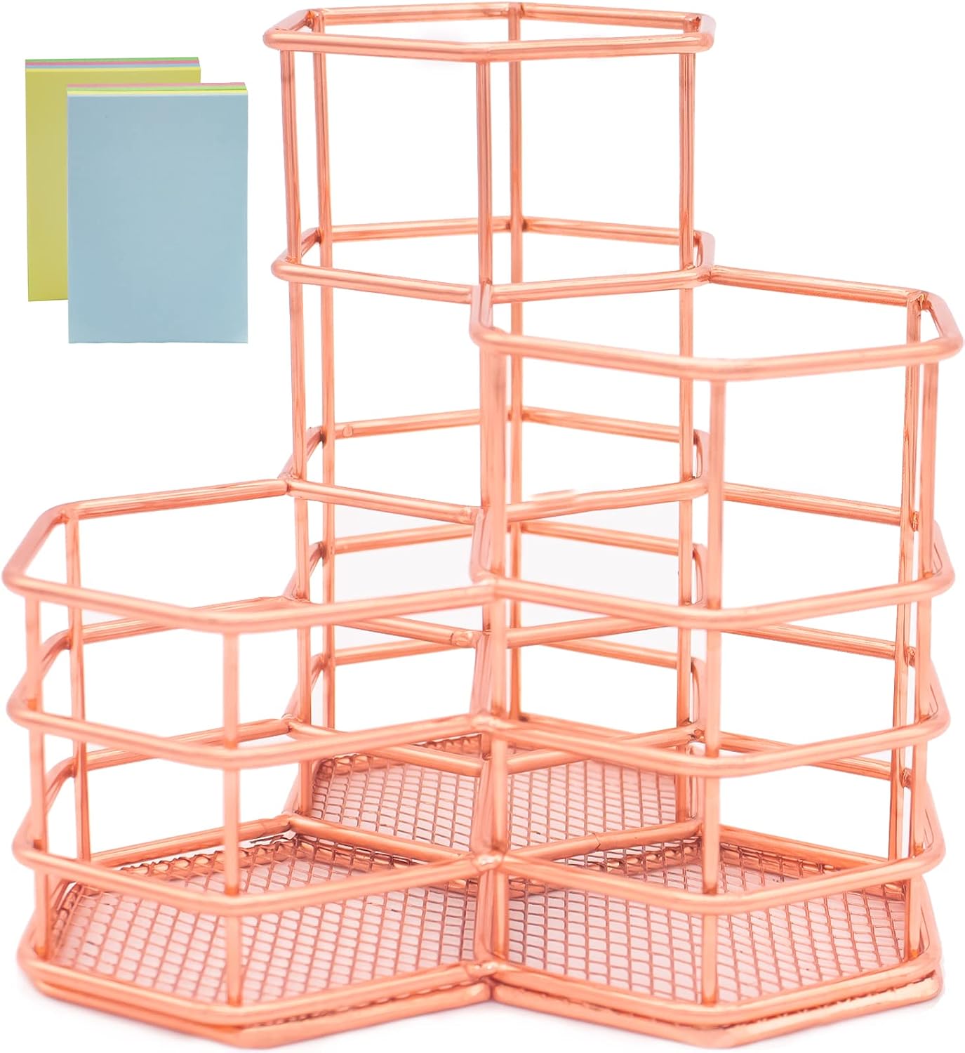 Qualsen Pen Holder for Desk Cute, 3 in 1 Pen Organizer Metal Pencil Holders for Desk Storage Organizer, Makeup Brush Organizer for Desk, Rose Gold Pencil Cup for Home School Office Vanity