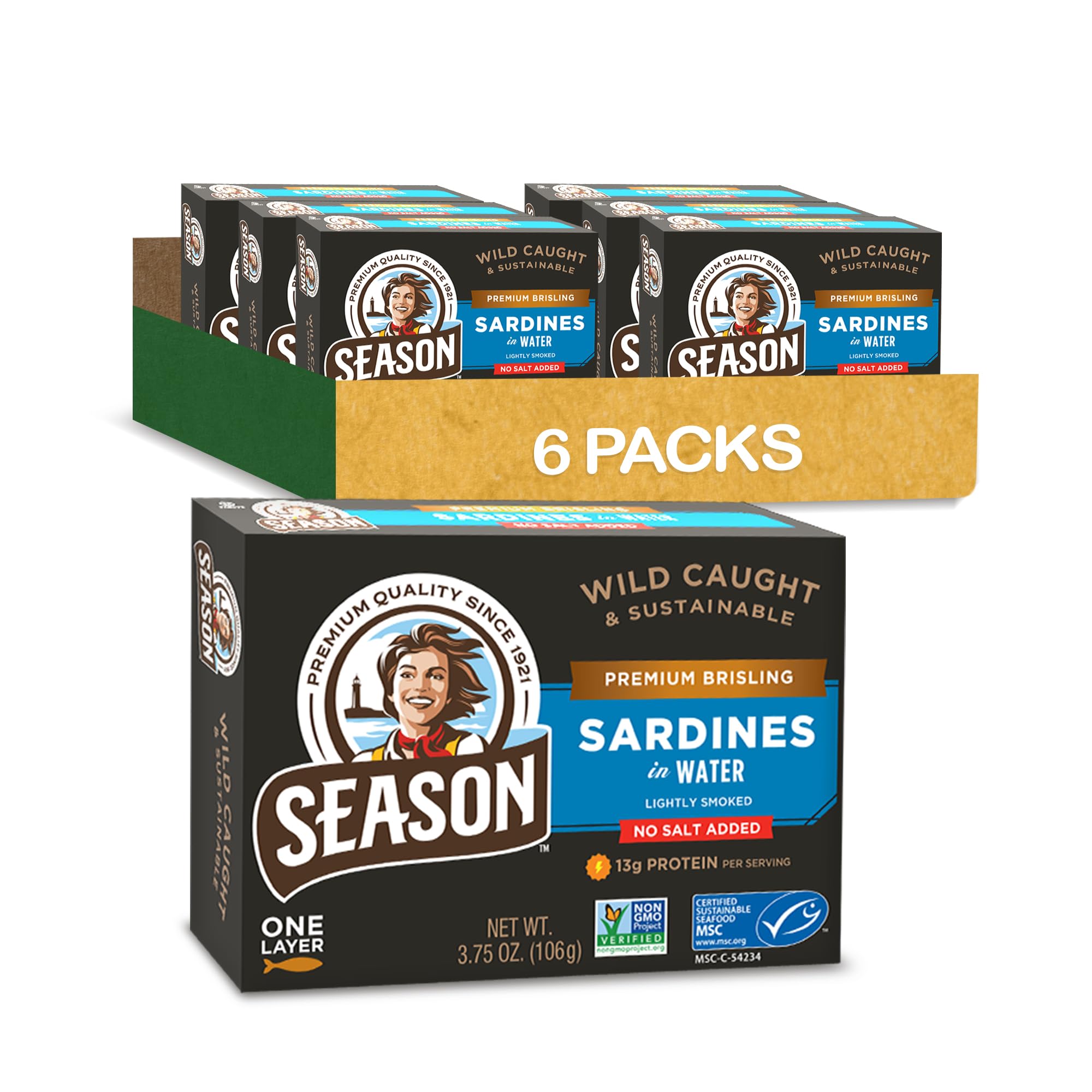 Brisling Sardines in Water - No Salt Added, Wild Caught, 13g of Protein, Keto Snacks, More Omega 3's Than Tuna, Kosher, High in Calcium, Canned Sardines, One Layer - 3.75 Oz Tins, 6-Pack