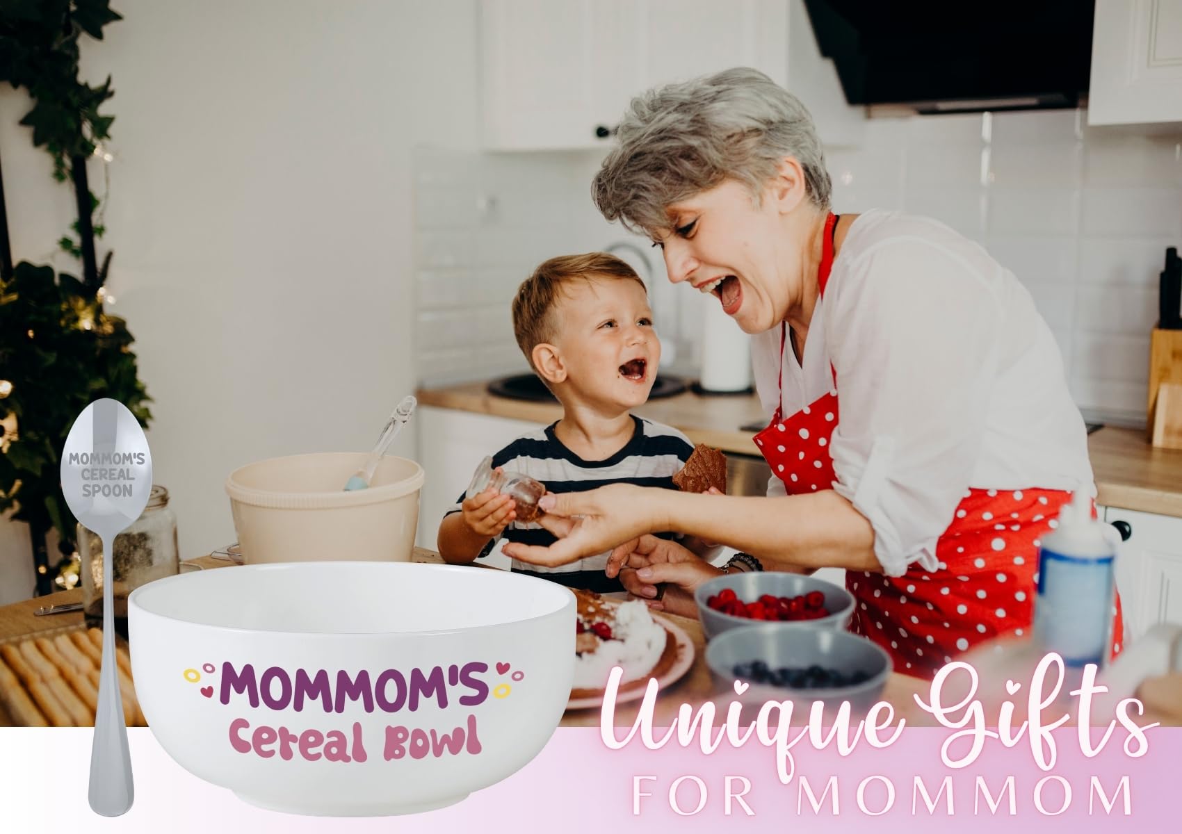 InnoBeta Mommom Gifts for Grandma from Grandkids, Mommom's Cereal Bowl Spoon Set, Ideal Present for Mother's Day Birthday Christmas