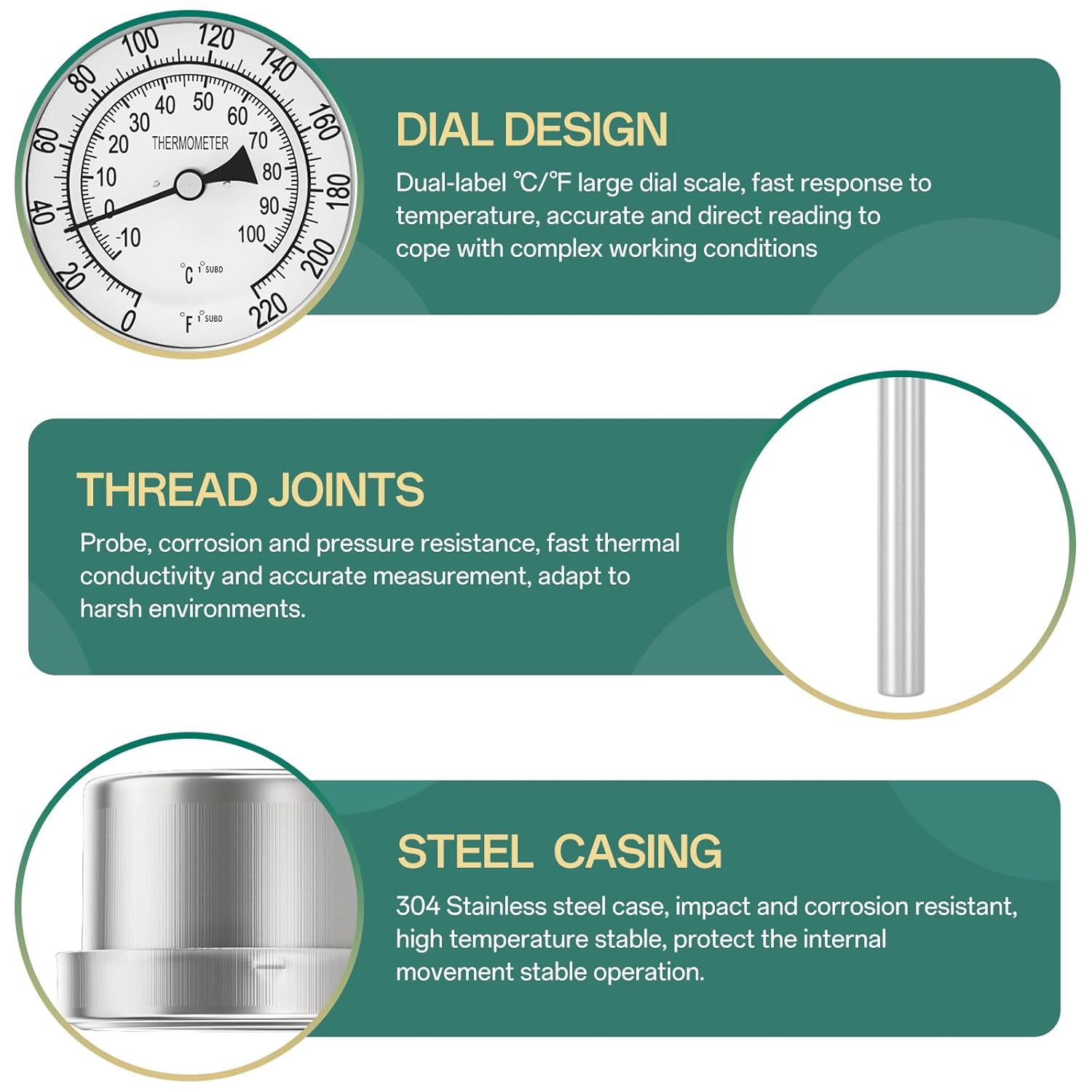 1/2" NPT Bimetal Thermometer, 0-220°F/-10-100°C, 3.2" Dial, 4.4" Stainless Steel Stem, Lower Mount, for Water, Oil, Steam, Boilers, Pipes