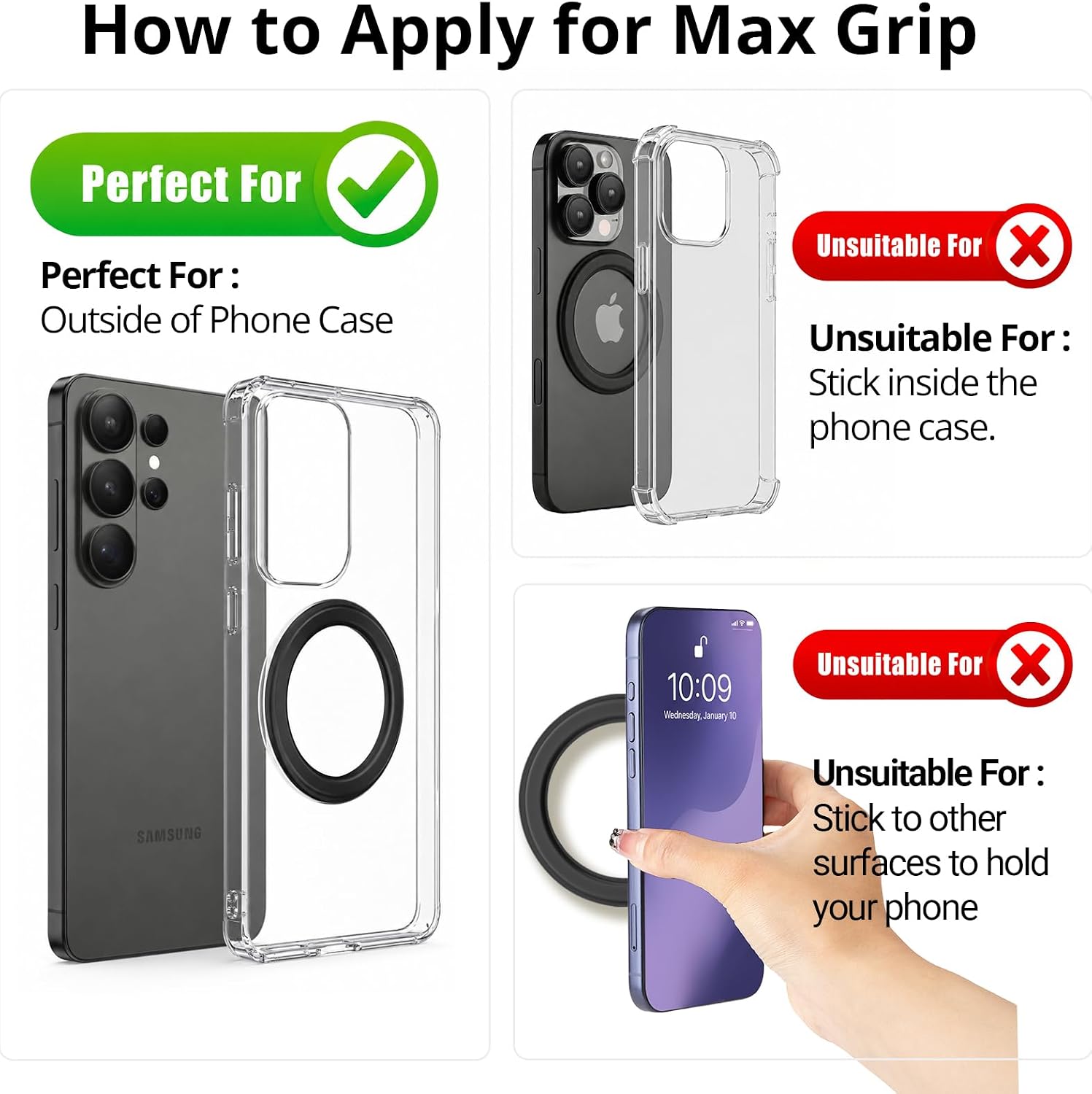2X Stronger for MagSafe Sticker, Magnetic Phone Mount, Magnets for Back of Phone, Sticky Base for PopSocket Kindle, Compatible with Most Case & All Phones (2, Standard (2000GS) - Black/White)
