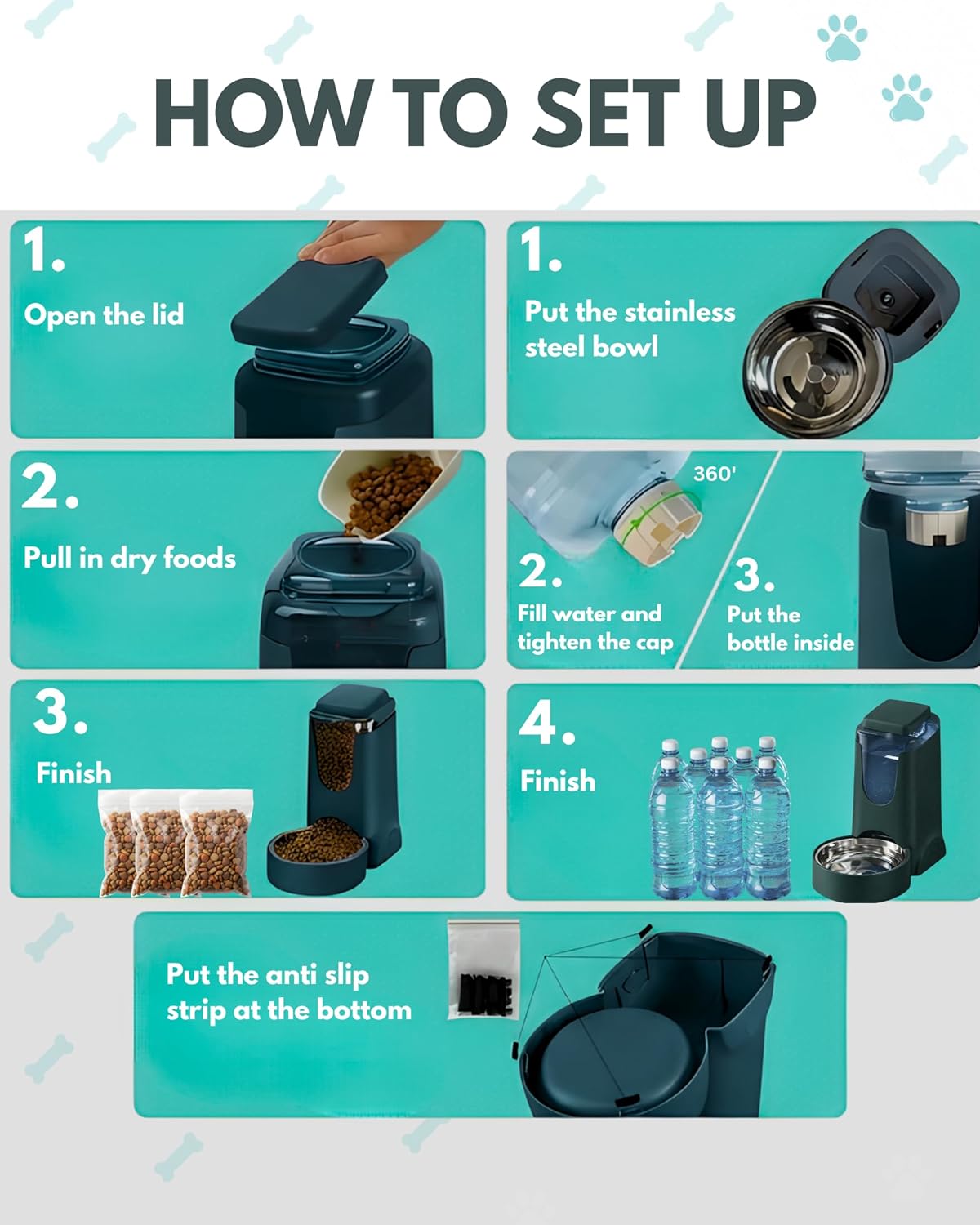 Automatic Cat Feeder 2.8L/4L Water Dispenser Set w/Tray Mat, Gravity Pet Feeder, Large Capacity Non-Spill Cat Water & Food Stainless Steel Bowls, Water Dispenser for Feeding Cats & Dog