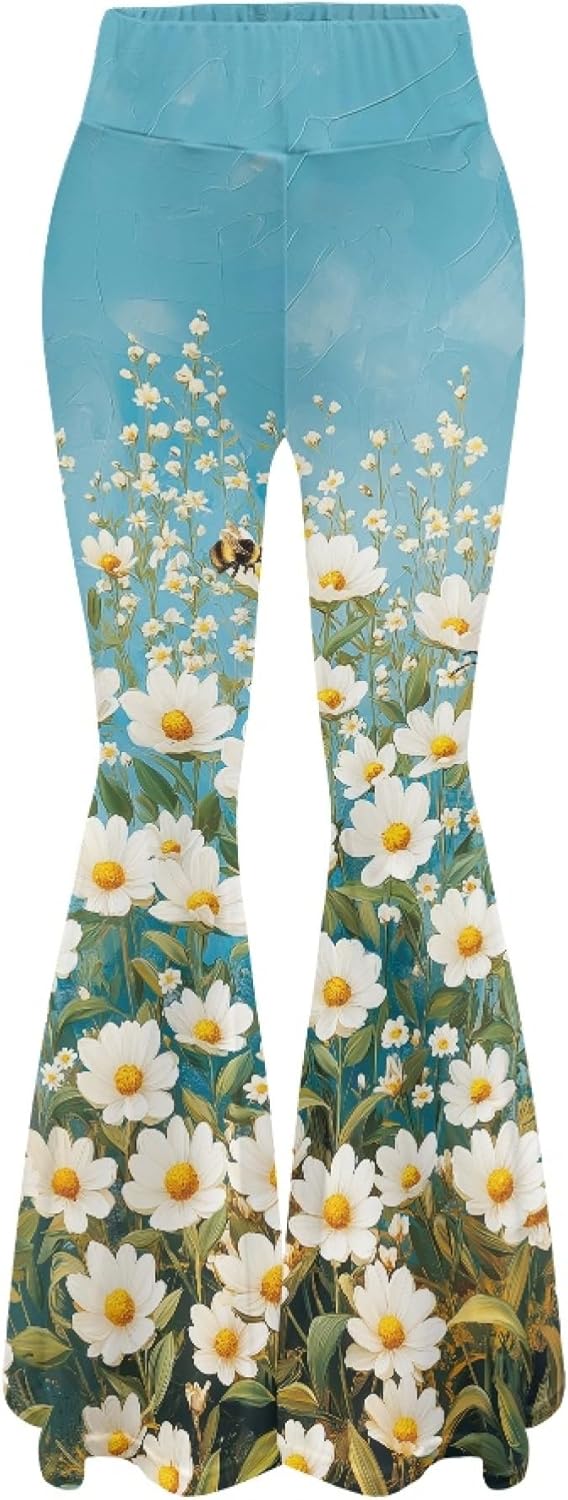 Amzbeauty High Waist Yoga Pants Women Tummy Control Stretch Flare Pants Fashion Print Bell Bottoms
