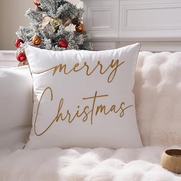 ONWAY White Christmas Pillow Cover 18x18 Inch Merry Christmas Embroidered Gold Decorative Pillowcases Winter Holiday Cushion Cases for Xmax Decor