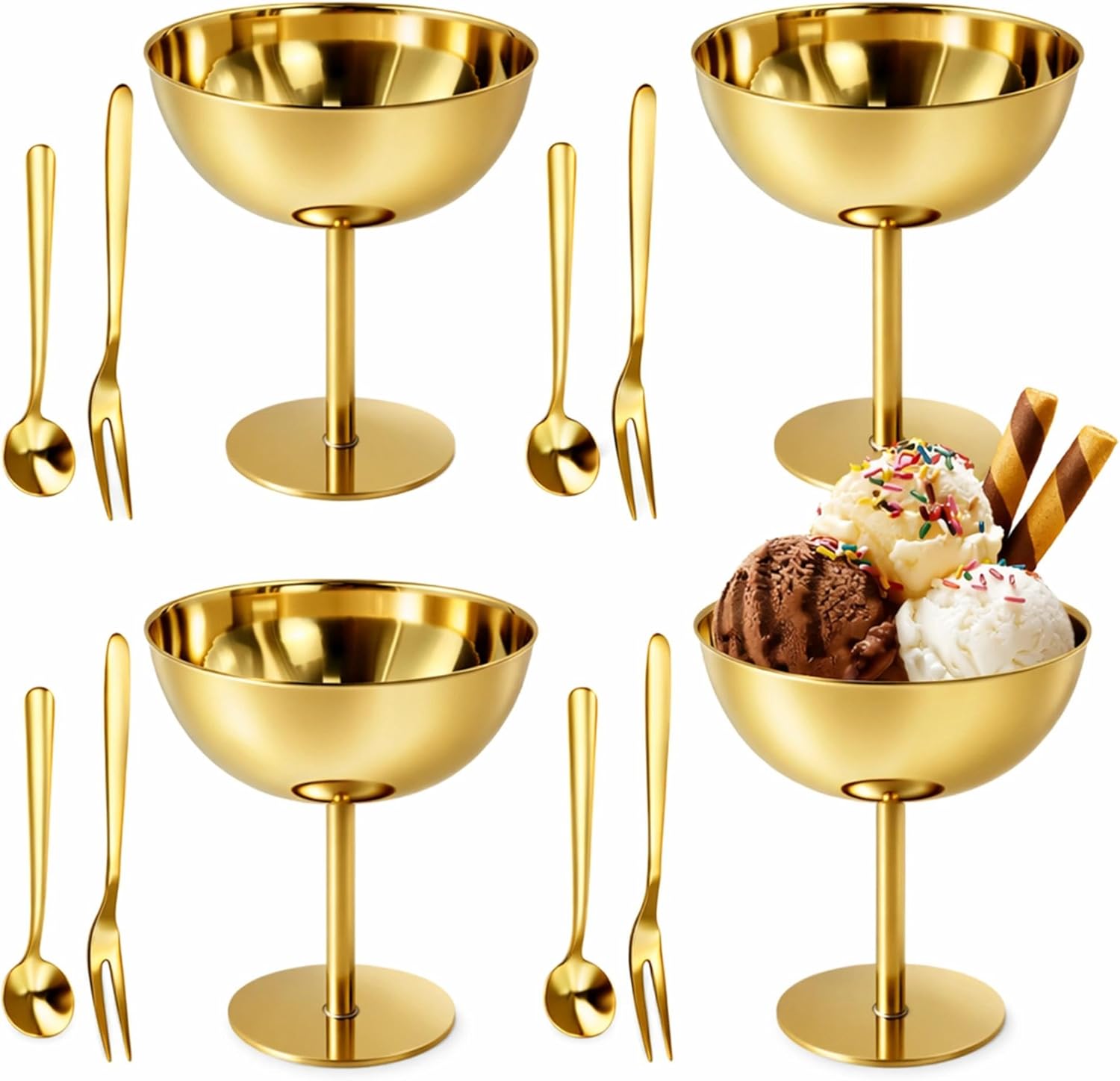 4 Pack Stainless Steel Ice Cream Bowls, 7 oz Small Dessert Cups with Spoons, Cute Ice Cream Dishes, Reusable Decorative Footed Bowl for Sundae, Pudding, Fruit Salad (Gold)
