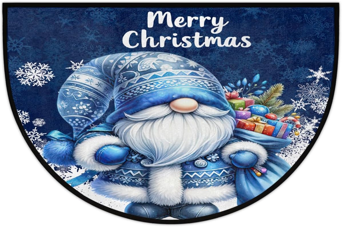 Half Round Door Mat Gnome Christmas Blue Non Slip Absorbent Semi Circle Area Rugs Washable Half Moon Floor Mats for Indoor Patio Kitchen Bathroom Entryway Fireplace Home Carpet Decor