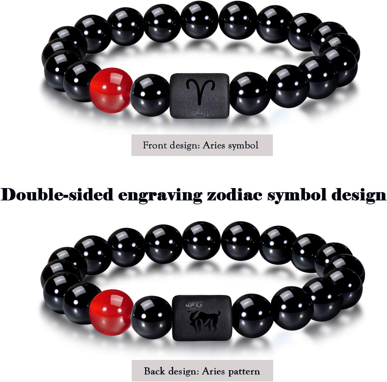 VLINRAS Zodiac Bracelet for Men Women, 8mm 10mm Natural Black Onyx Stone Star Sign Constellation Horoscope Bracelet Gifts - Image 2