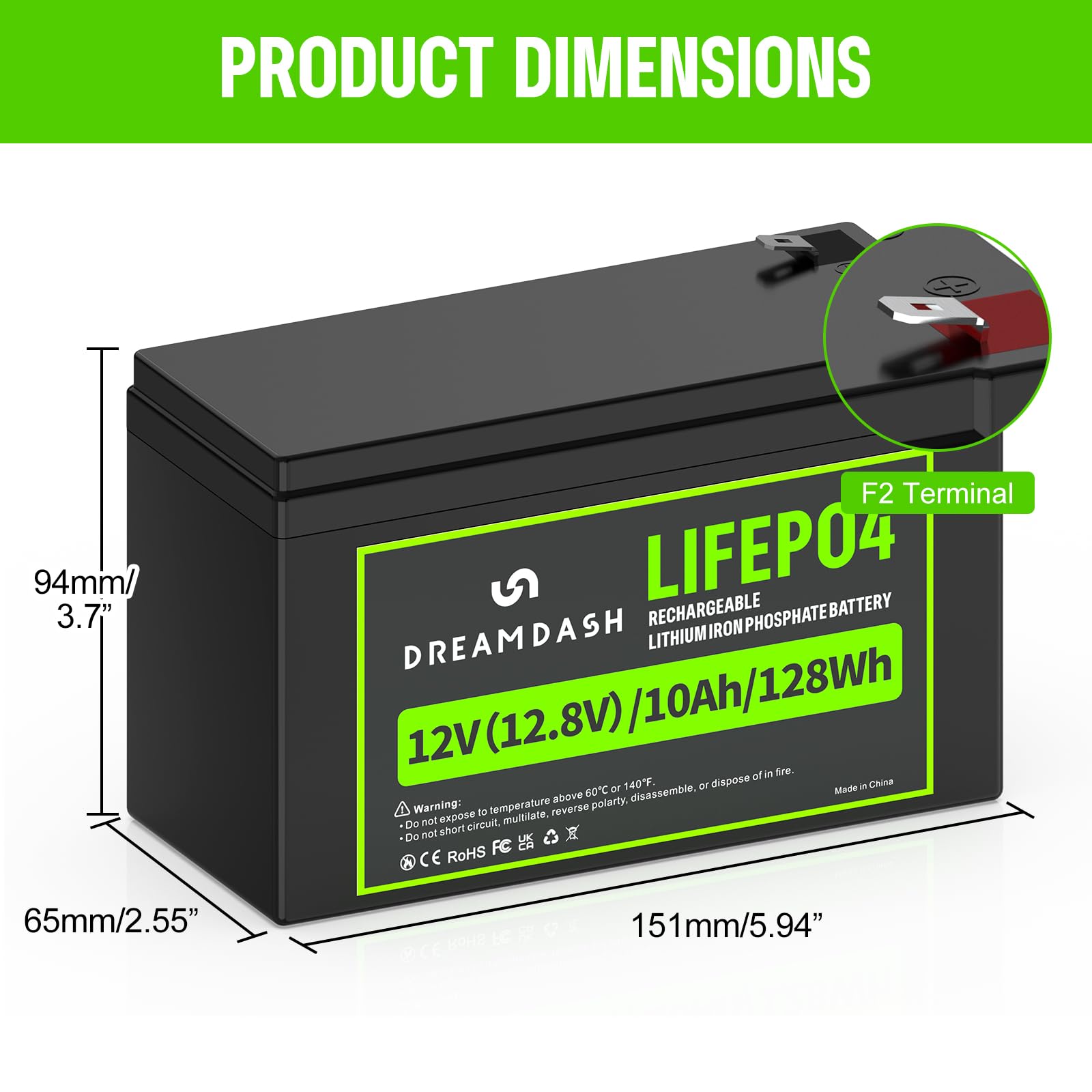 12V Batterie 10Ah LiFePO4 Akku Wiederaufladbare, 3000+ Zyklen bei 80% DOD, IP55, funktioniert von -20 ℃ bis 60 ℃, für Kinderfahrzeug, Kinderauto, Kinder Elektroauto, USV, E-Bike, Beleuchtung, Roller