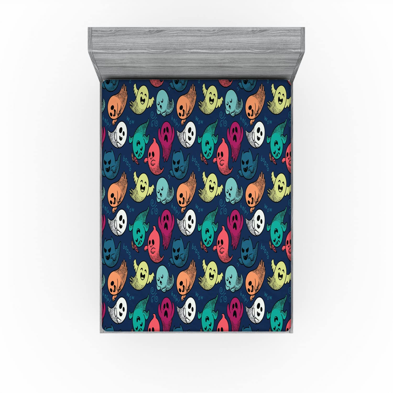 Ambesonne Halloween 2 Pack Fitted Sheet, Colorful Spooky Ghosts, Bed Cover All-Round Elastic Deep Pockets 2 Pieces, Package Contains 2 Full Size Fitted Sheets, Multicolor