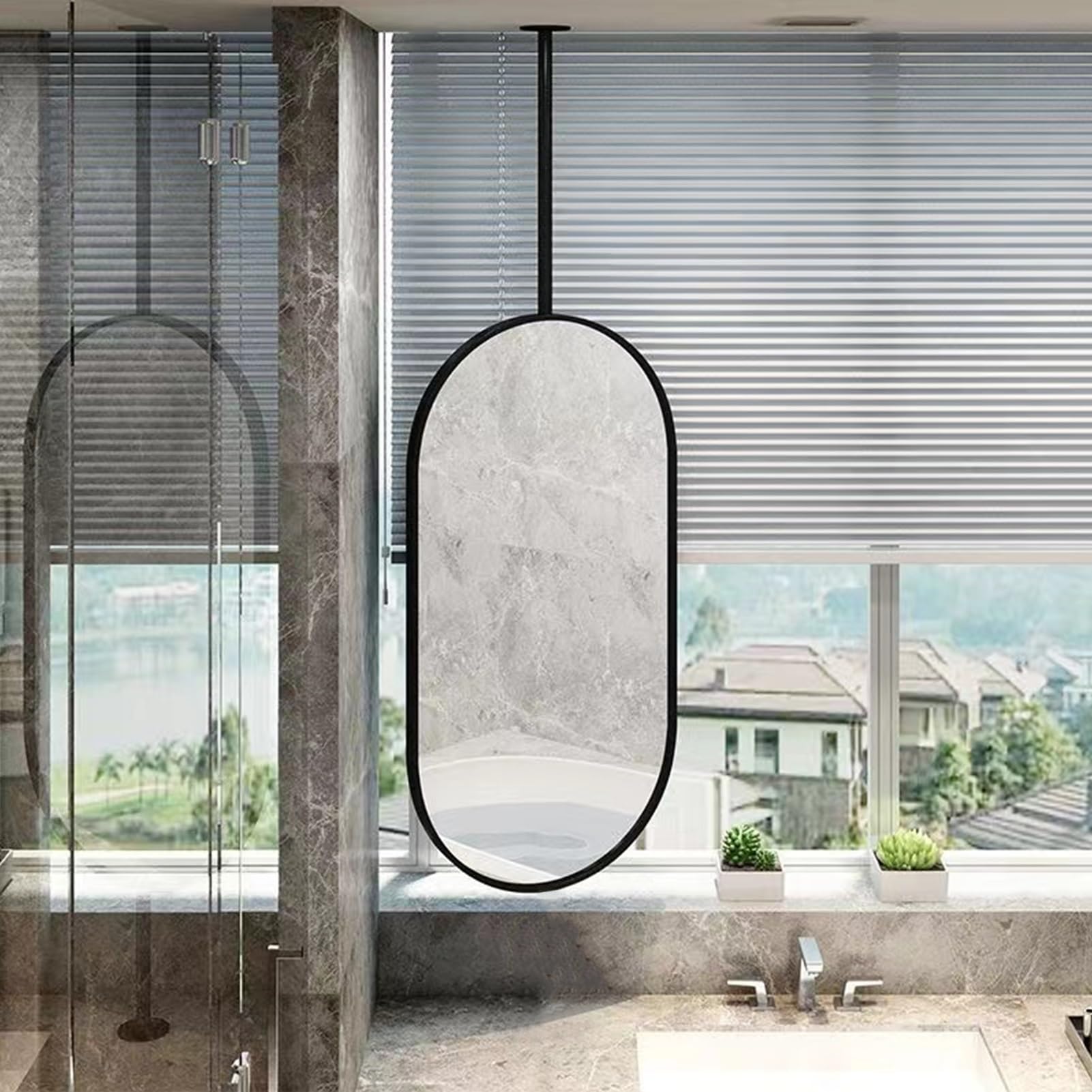 Owalne lustro łazienkowe do montażu na suficie, dekoracyjna listwa wisząca, czarna metalowa rama, lustra toaletki do salonu, sypialni, komody HD, boom. Możliwość personalizacji (rozmiar:
