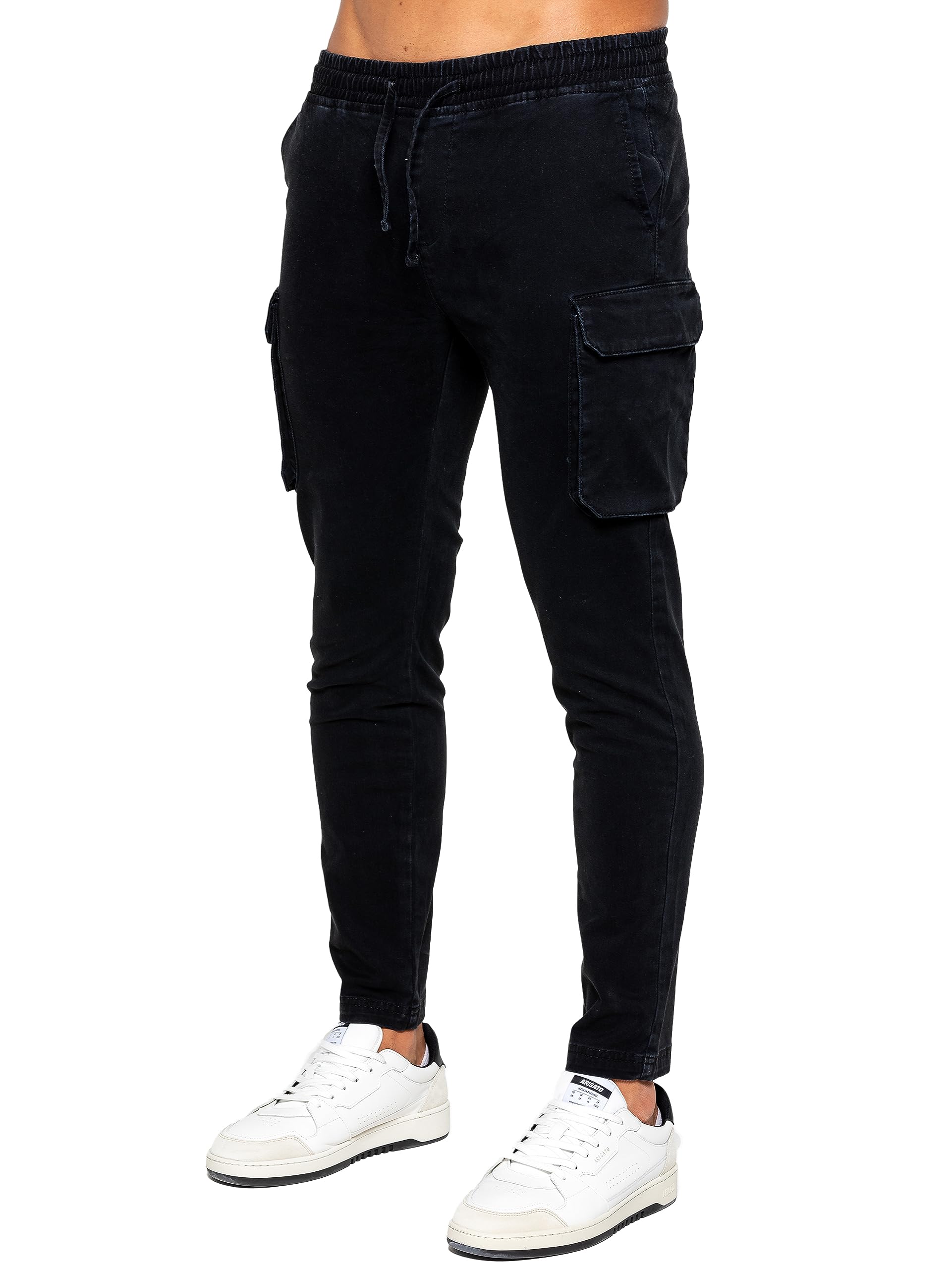 989Zé Enzo Men's Black Cargo Jeans Elasticated Trousers Casual Cotton Regular Fit Combat Pants Ez612 Trouser L