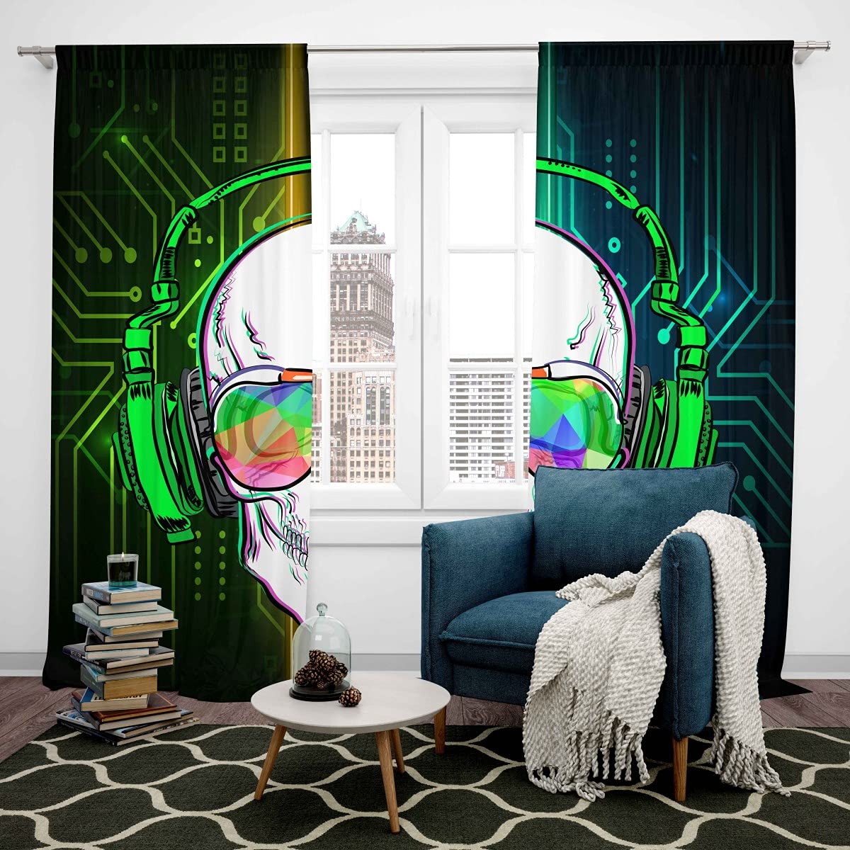 Loussiesd Skull Curtain for Boys Bedroom Decor Black Green Skeleton Curtains Skull Window Treatments Teens Skull Print Living Room Home Drapes Kids Music Headphones Notes Curtains W66*L90 - Image 2