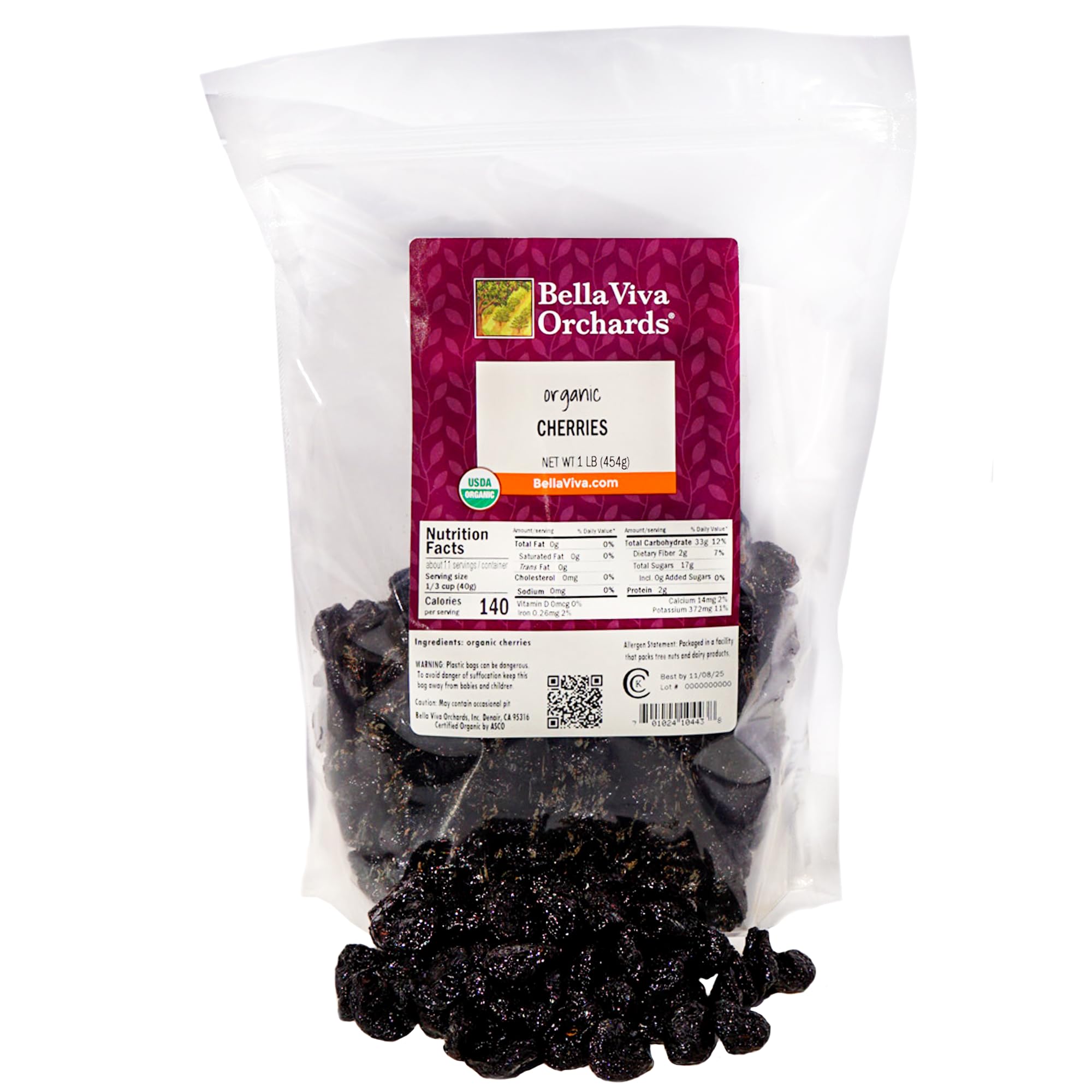 Organic Dried Cherries, Upcycled by Bella Viva Orchards, 1 Lb. Bag