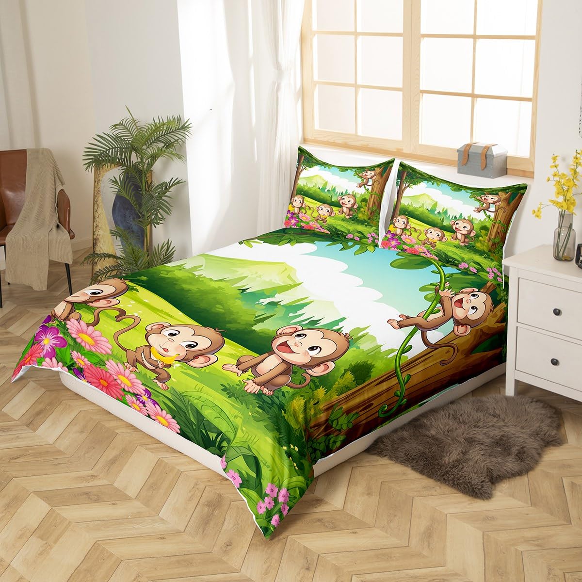 Erosebridal Kids Bedding Girls Boys Cute Cartoon Monkey Printed Comforter Cover for Children Teens Animal Duvet Cover Plants Floral Decor Bedspread Natural Rustic Theme Quilt Cover, Twin