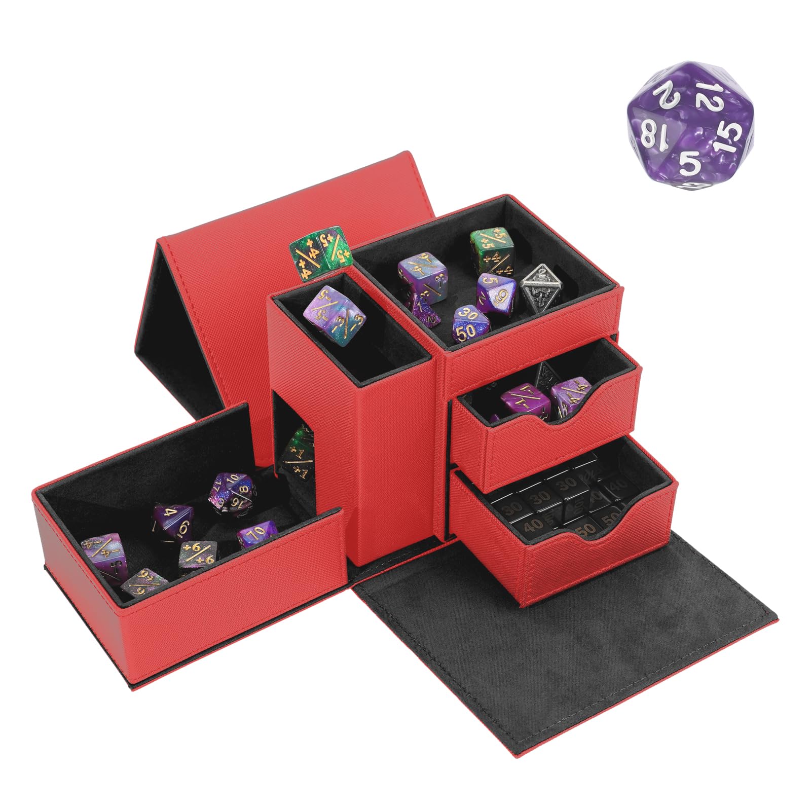 Dice Tray & Dice Tower Storage Box, 3 in 1 Dice Holder Case (Dice Rolling Tray, Dice Rolling Tower, Dice Storage Drawers), Leather Magnetic Closure DND Accessories Gifts for RPG MTG, Red/Black
